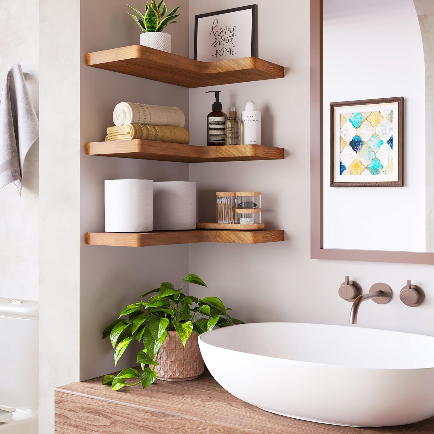 Fixwal Corner Floating Shelves for Wall Mounted Natural Solid Wood 16"x11.4" Farmhouse Home Decor Display Shelving Set of 3 (Rustic Brown)