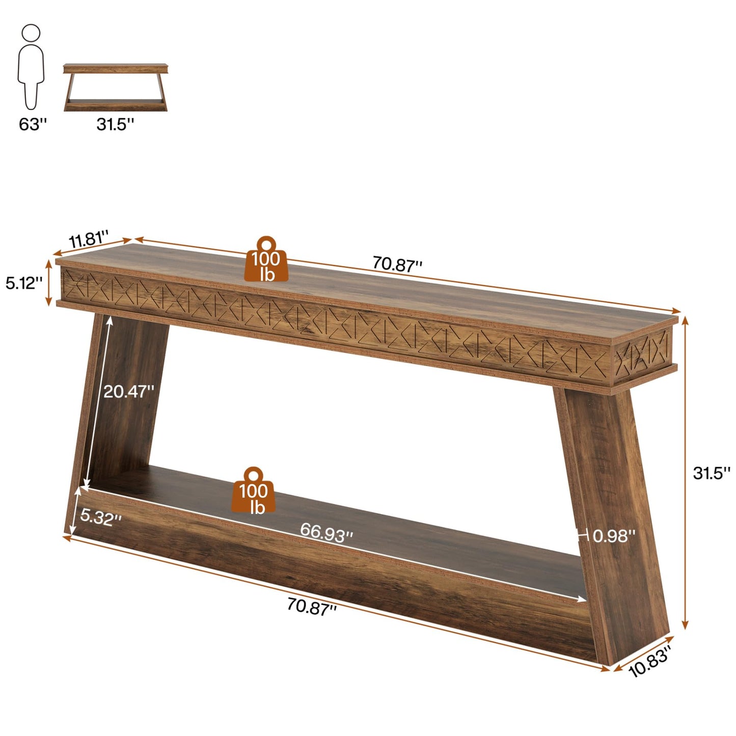 Tribesigns 70.9 Inch Long Console Table for Entryway, 2-Tier Farmhouse Entryway Table with Storage, Narrow Sofa Table Behind The Couch, Wood Accent Table for Hallway, Living Room, Foyer, Rustic Brown