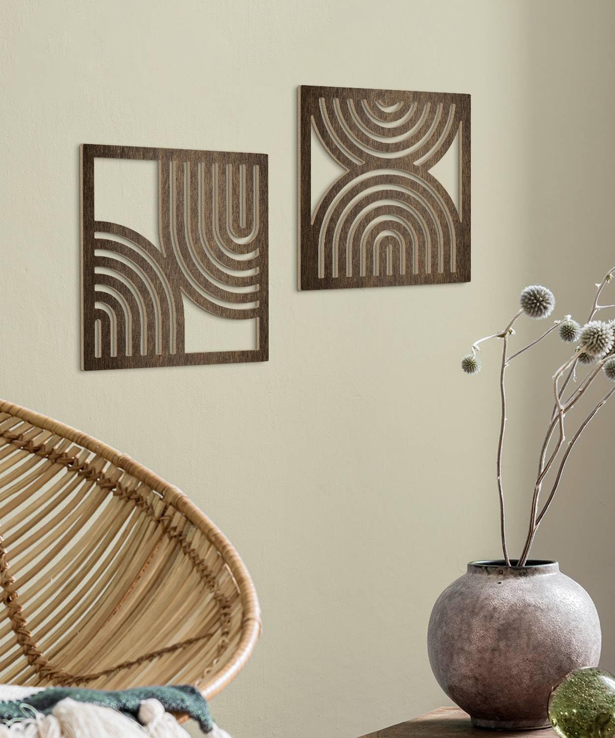 Putuo Decor Geometric Abstract Wall Art Set of 2, Modern Square Wooden Modern Arched Wall Decor for Living Room Bedroom Entryway, Minimalist Brown Wall Sculpture