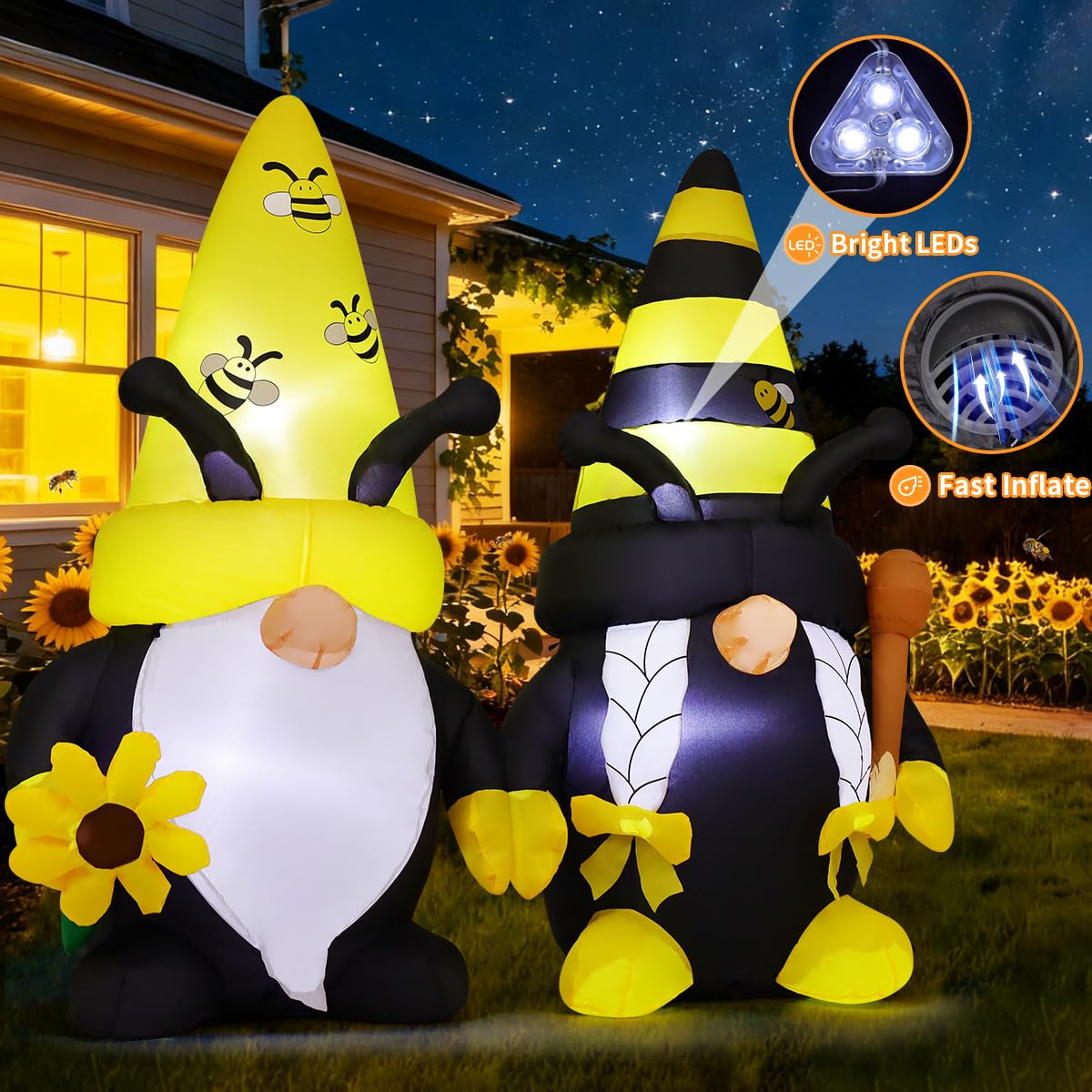 GOOSH 6 FT Long Spring Inflatables Gnomes Decorations Blow Up Yard with Bees and Sunflower Built-in LEDs for Garden Lawn Indoor Party Decor