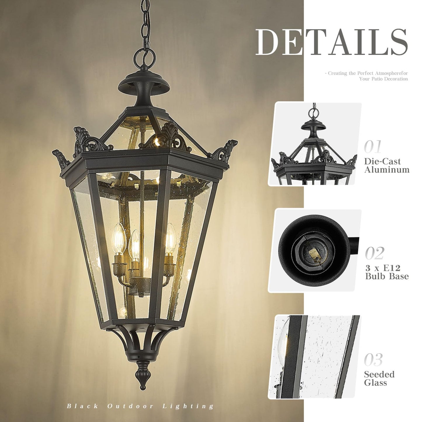 Emliviar 32 Inch Outdoor Front Door Hanging Light, Farmhouse Exterior Pendant Lantern Waterproof Ceiling Mount with Seeded Glass, Black Finish, XE283H BK
