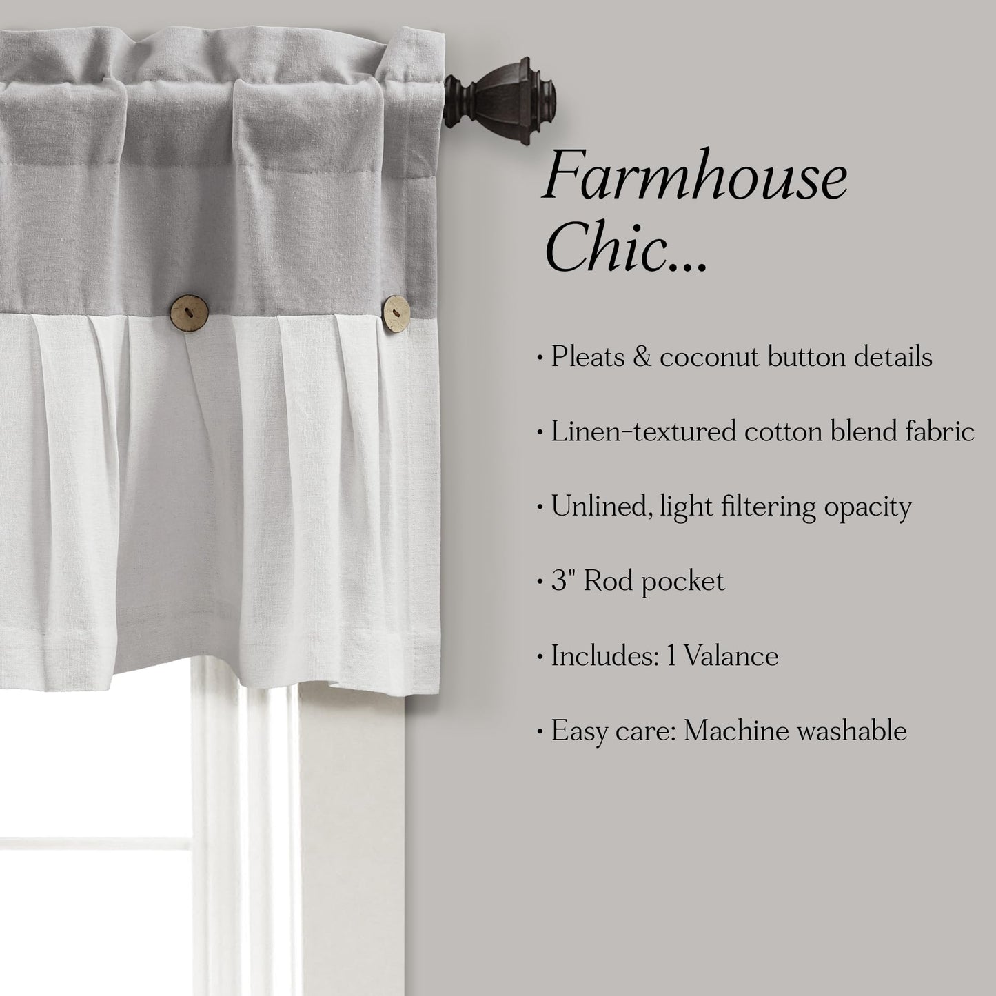 Lush Decor Linen Button Farmhouse Valance Curtians 52"W x 18"L Gray & Off White - Linen Valances For Windows - Kitchen Curtains Valances