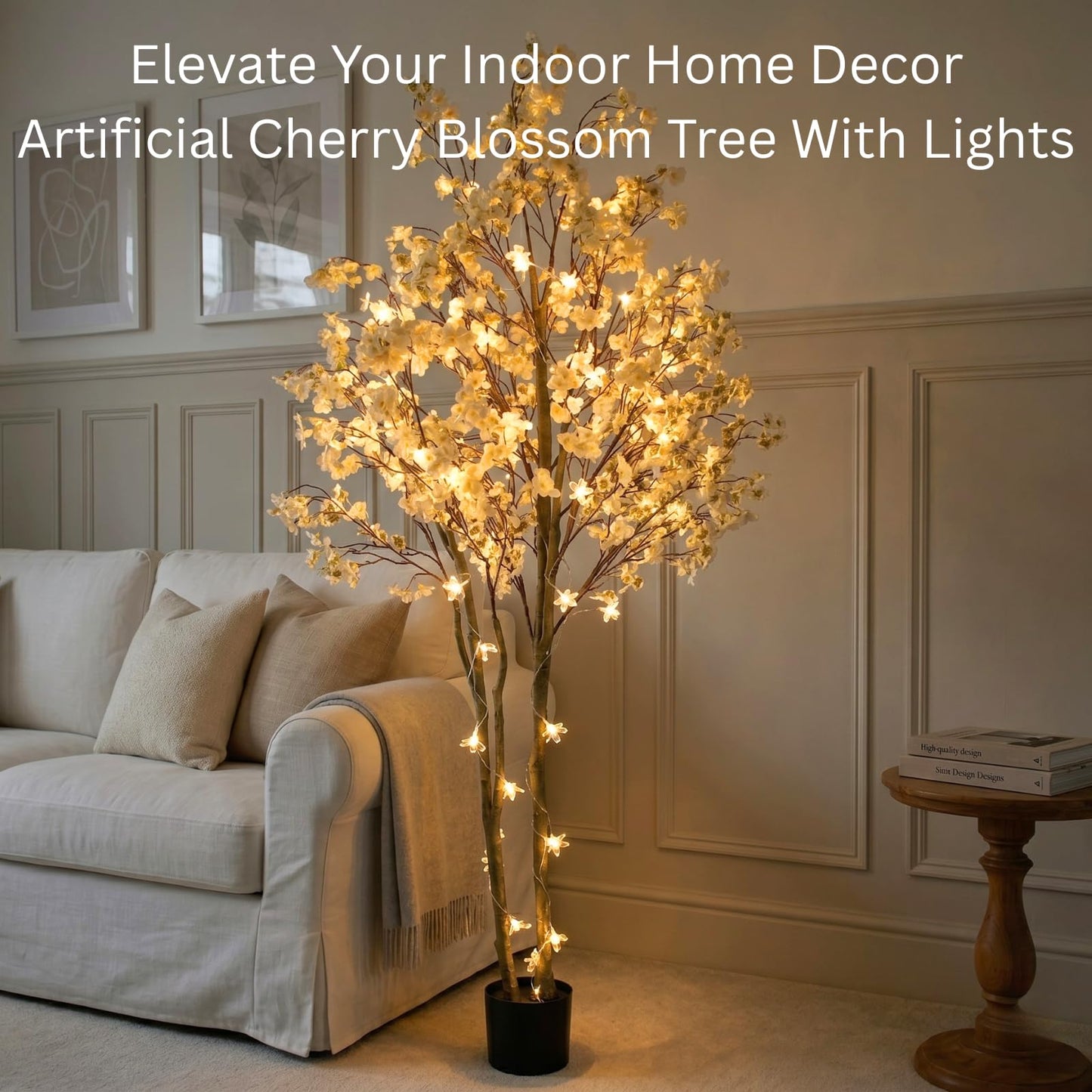 Artificial Cherry Blossom Tree with Lights 6ft Tall, White Faux Cherry Blossom Tree Indoor with LED String Lights, Japanese Sakura Tree for Living Room Office Home Decor