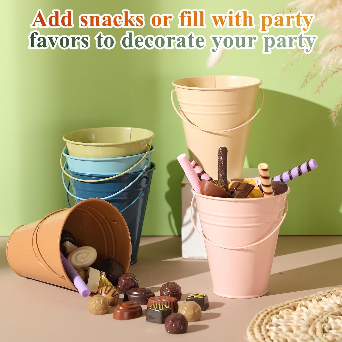 Sadnyy 24 Pack Small Metal Buckets with Handle, 4.5 x 5.1 Inch Mini Galvanized Tin Bucket for Back to School Classrooms Crafts Pencil Holder Boho Wedding Birthday Party Favor Decoration (Morandi)