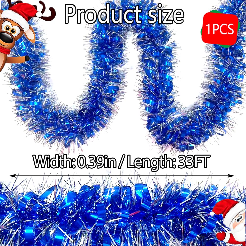 33Ft Long Blue Tinsel Twist Garland Shiny Thick Metallic Foil Xmas Tree Decorations for Birthday Party Christmas New Year Parties Parade Floats and Other Holidays Hanging Decor-(Blue+Silver)