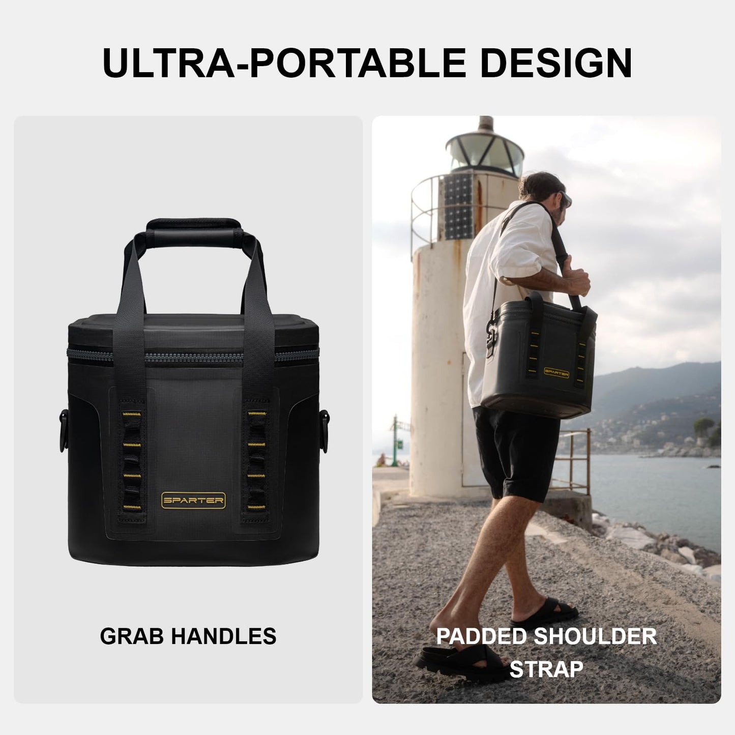 SPARTER Portable Soft Cooler 12 Cans, IP68 Tizip Leak-Proof Zipper for Camping, Fishing, Beach, Outdoors Insulated Ice Chest with Reusable Ice Pack- Black