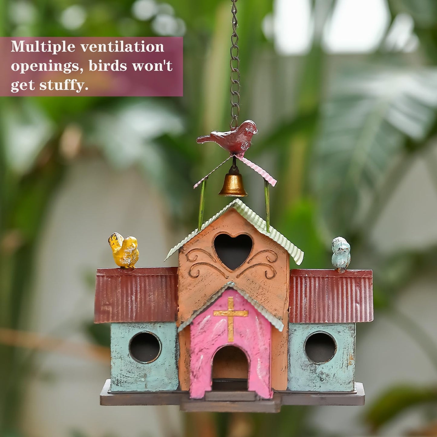 MOCOME Large Bird Houses for Outside Hanging, 4 Hole Outdoor Bird House with Bell, Easy Clear, Colorful Metal Bird Houses for Outside.