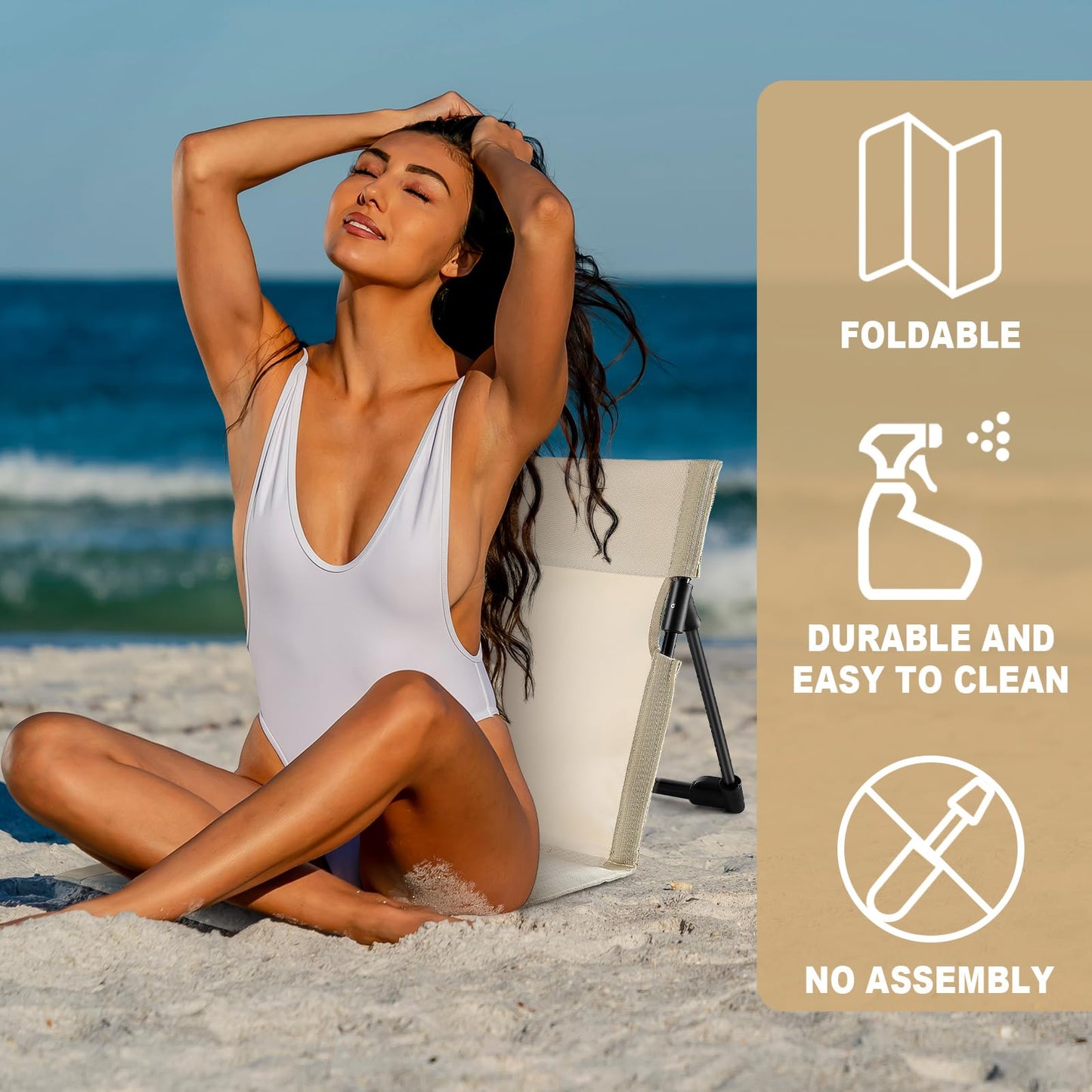 Karenhi 2 Pcs Foldable Poolside Chairs Portable Beach Chair Folding Poolside Chairs for Edge of Pool for Adults Traveling Camping Picnic Lawn Accessories (Light Beige)