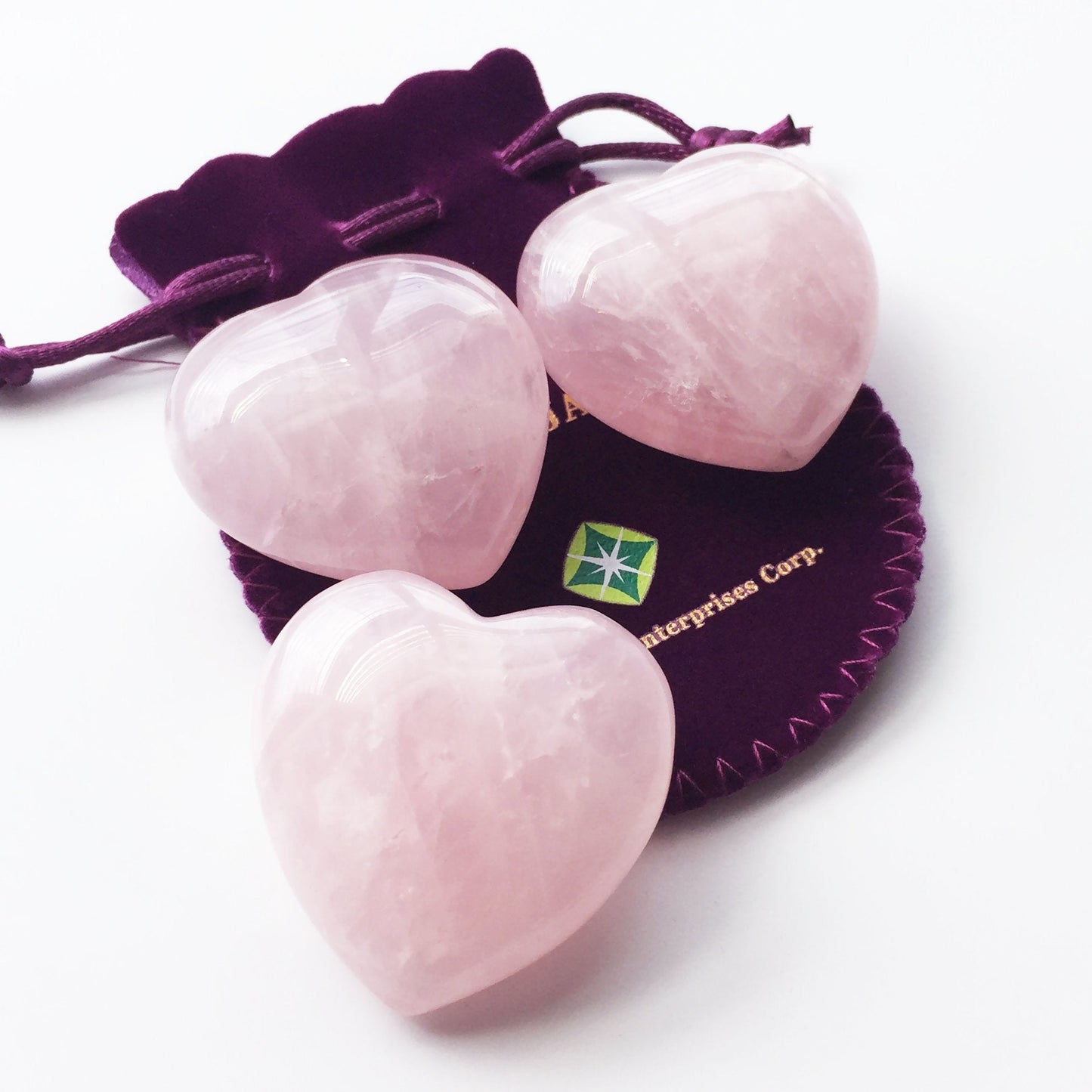 Polar Jade Set of 3 Hand-Carved Natural Rose Quartz Puffy Hearts – Healing Stones for Chakra Energy, Meditation, Massage, and Elegant Decoration