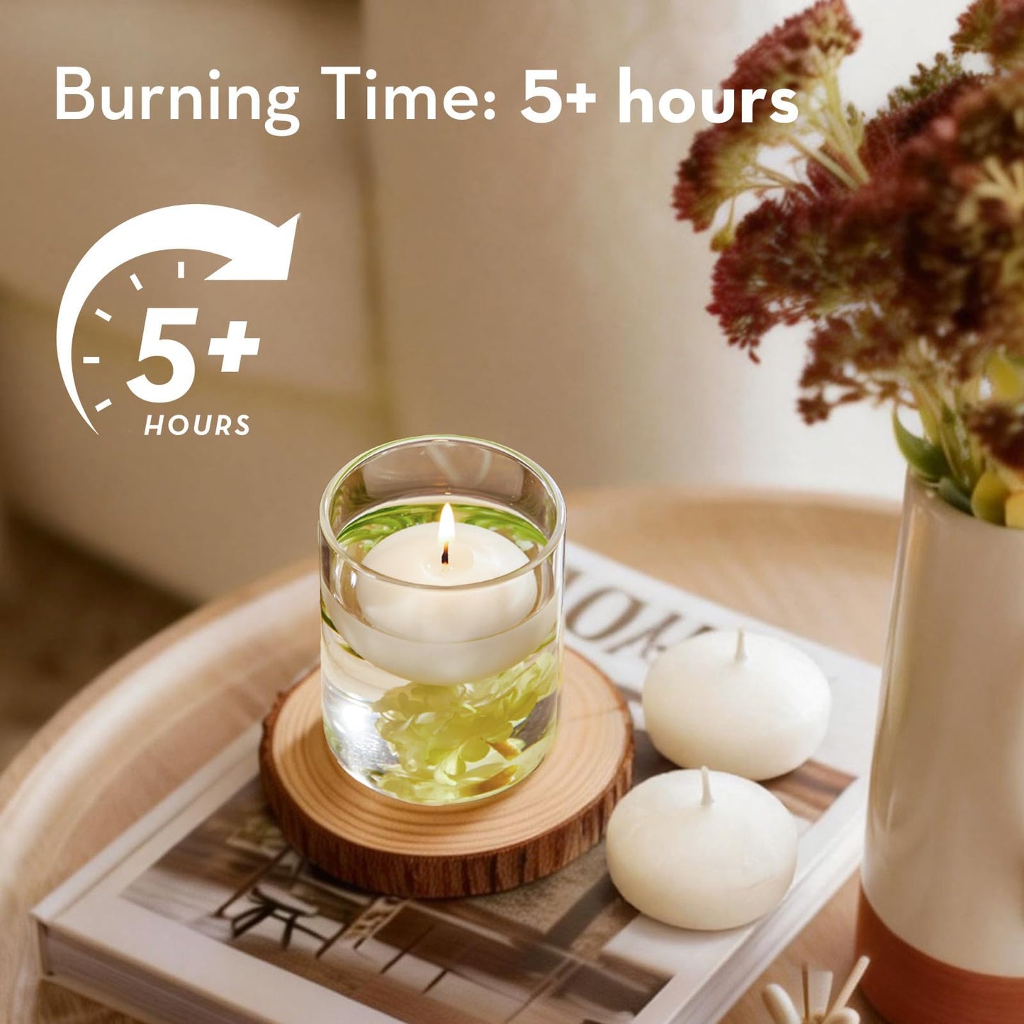 Crenovo Floating Candles Dripless, 5-6 Hour Clean Burn, 2 Inch Unscented Candles for Wedding, Party, Centerpieces, 48 Pack Water Candles Ivory Romantic Decoration