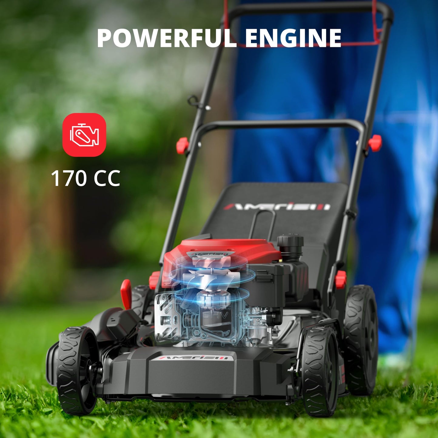 AMERISUN 21-Inch Self-Propelled Gas Lawn Mower for Large Yard, 170cc 4-Stroke Engine, 6-Position Adjustable Cutting Height, 3-in-1 Mulching, Side Discharge & Rear Bag for Garden Landscaping
