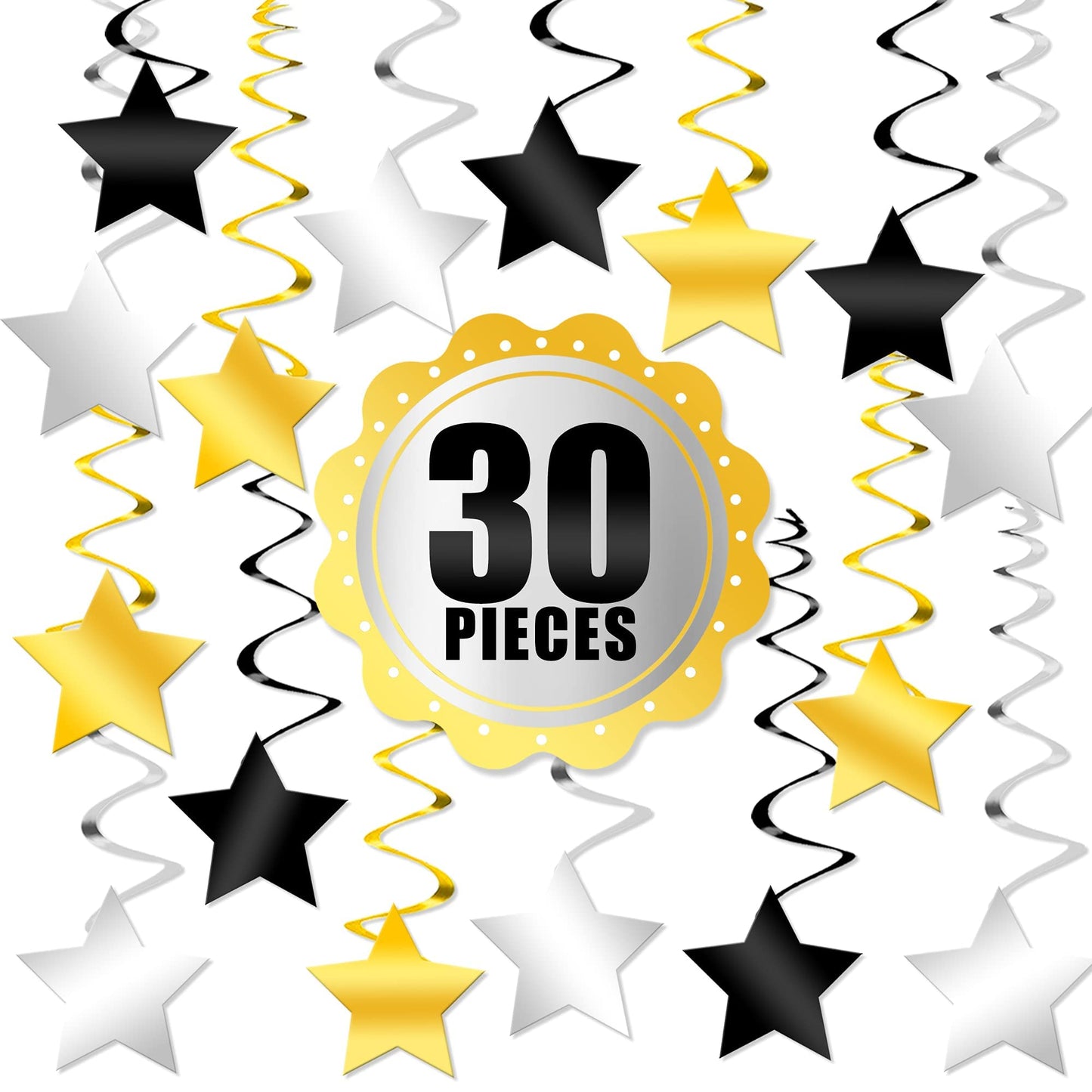 KatchOn, Black Gold and Silver Star Hanging Swirls- Pack of 30, No DIY | Star Ceiling Decorations for Birthday Decorations | Hanging Star Swirls for Graduation Decorations 2026, Bachelorette Party