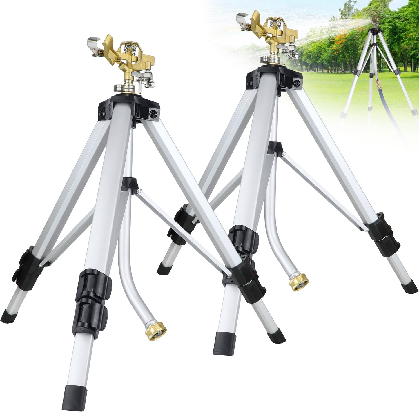 37" Metal Telescopic Tripod Sprinklers, 2 Pack Heavy Duty Impact Lawn Sprinkler for Large Areas, Yard, Courtyards and Gardens