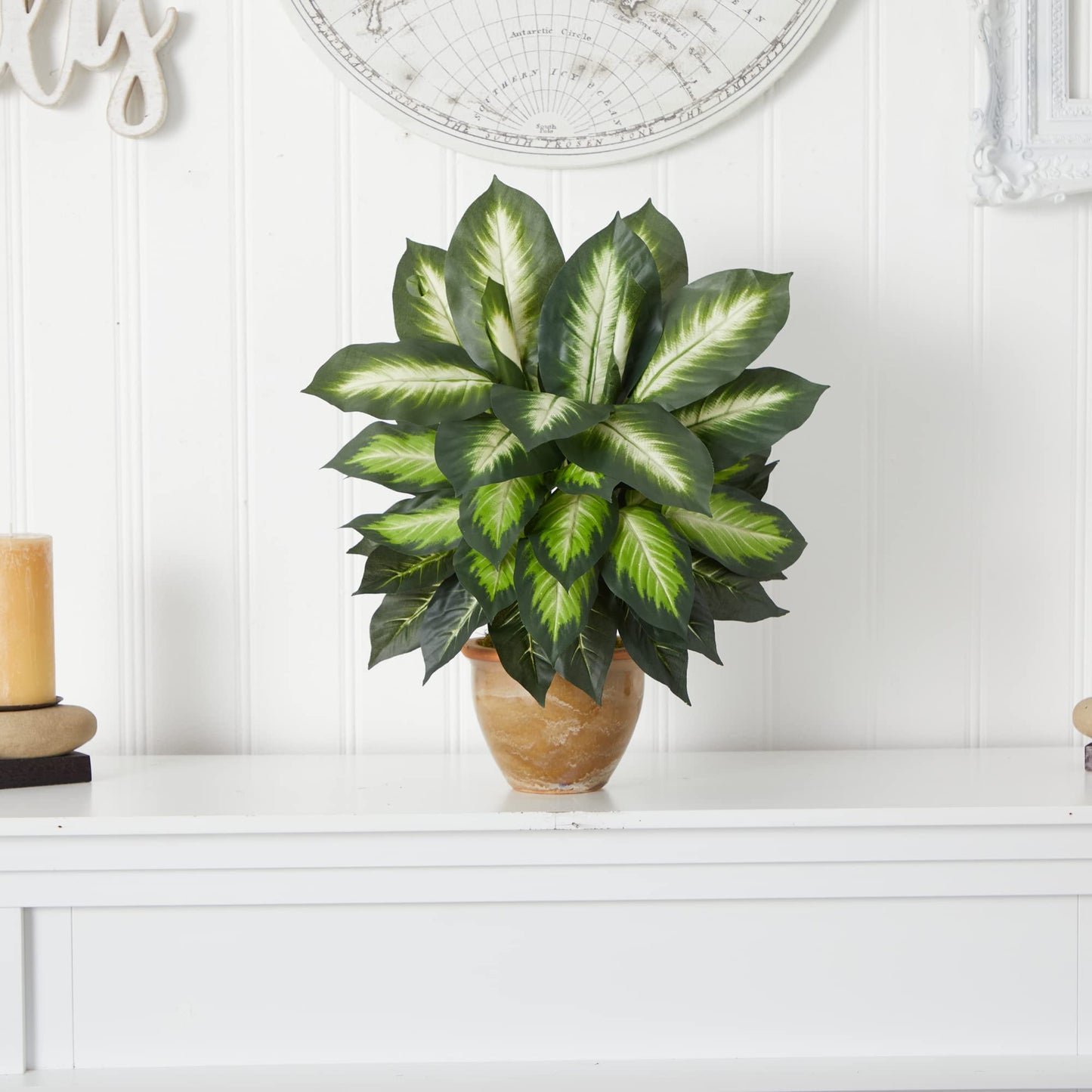 Nearly Natural Artificial Dieffenbachia Plant Faux Greenery in Ceramic Planter for Indoor Home Decor