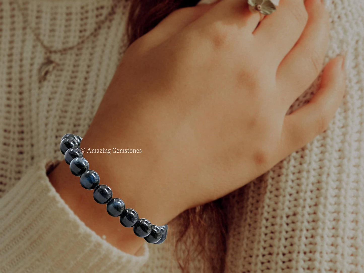 Amazing Gemstone Crystal Bracelet for Women Men's Gifts - Protection Healing Crystal Bracelet - 8mm Gemstone Beaded Stretchable Bracelet Pulseras Para Hombres Mujer Stocking Stuffers Mothers Day Gift (Tiger Eye (Blue & Black))