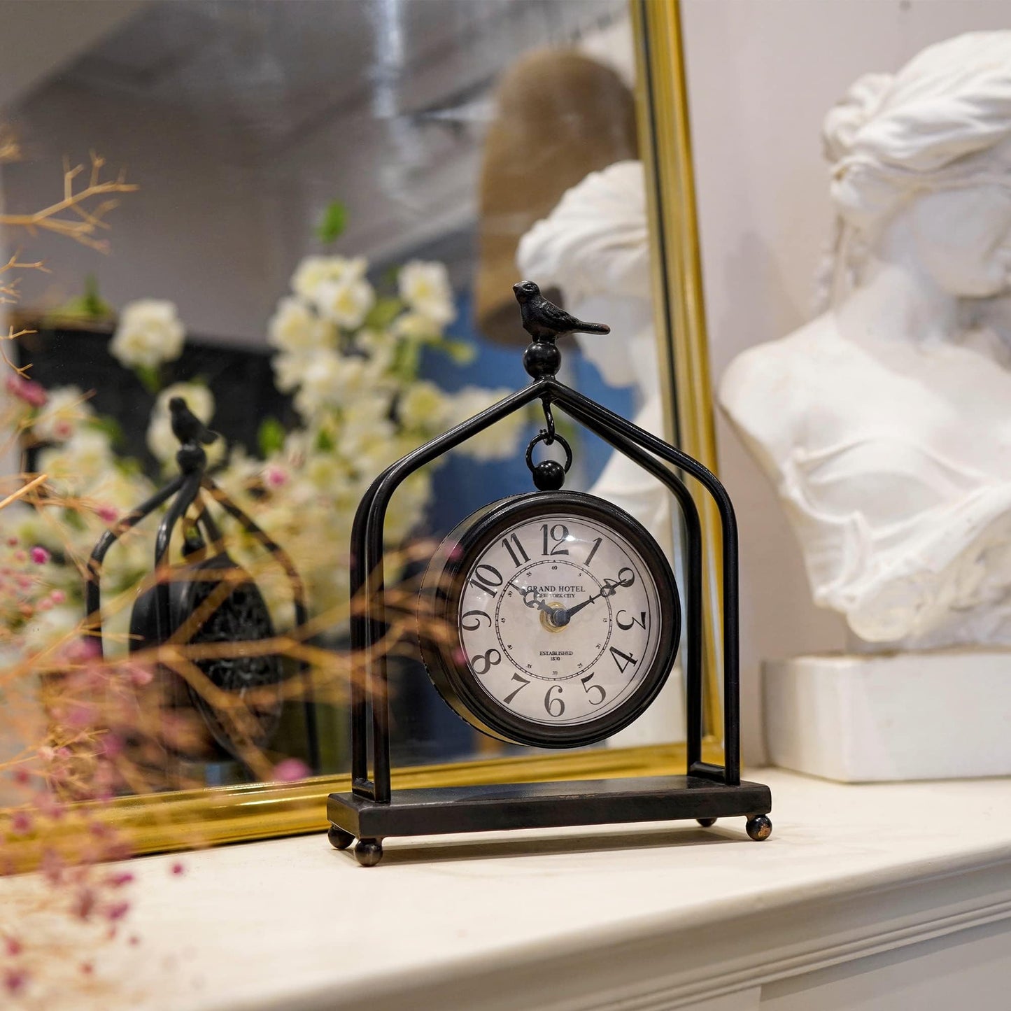 SOFFEE DESIGN 7.5'' x 10'' Mantel Clock Iron Tower Frame, Creative Bird Ornament Tabletop Clock, Silent Clock with Hollow Carved Back Cover for Home Decor, Black