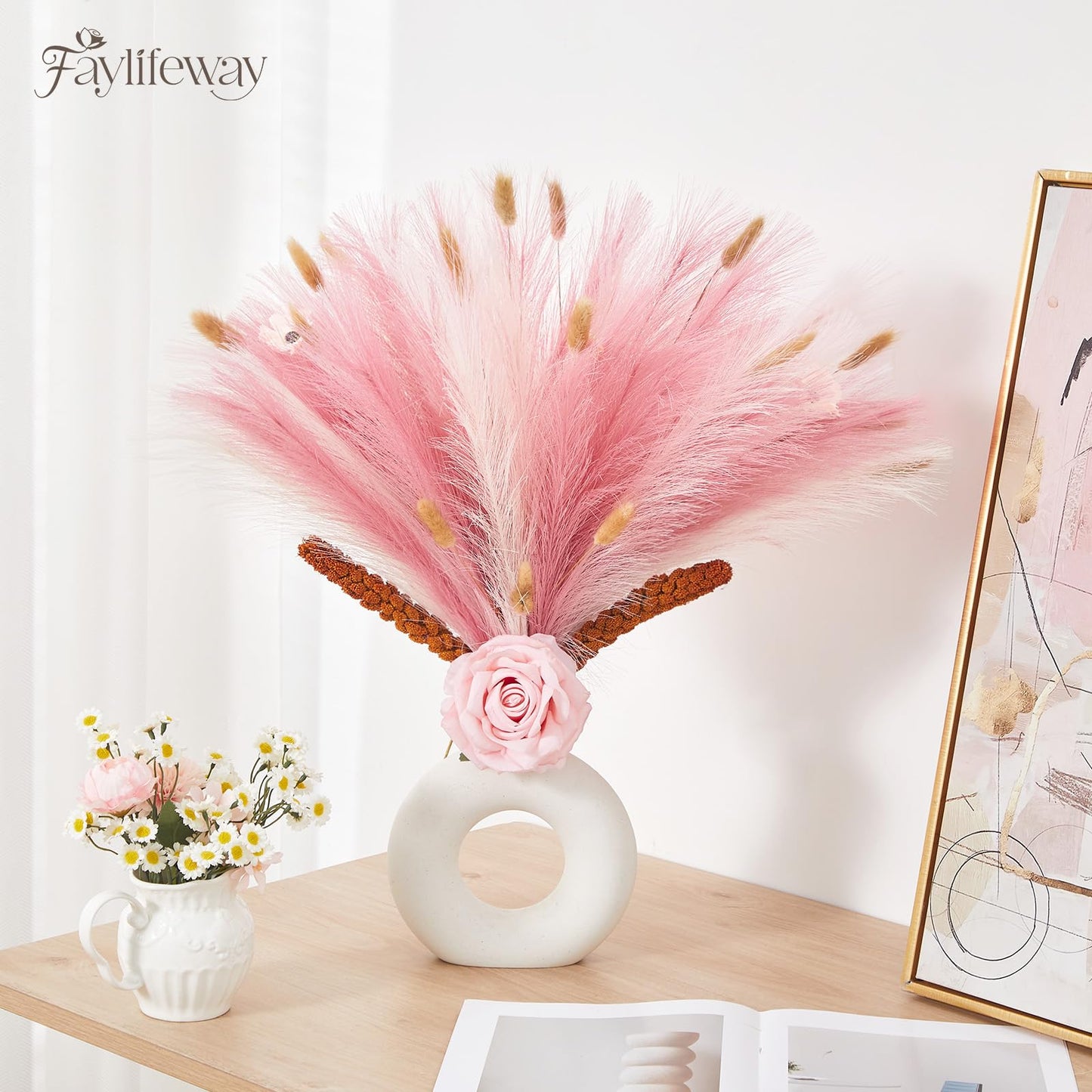 Faylifeway 50pcs Pampas Grass 17in for Living Room Decor, Blush Pink Pampas Grass Decor, Fluffy Pink Flowers for Home Birthday Bathroom Baby Shower Wall Bow Decor(Blush & Cream & Pink)