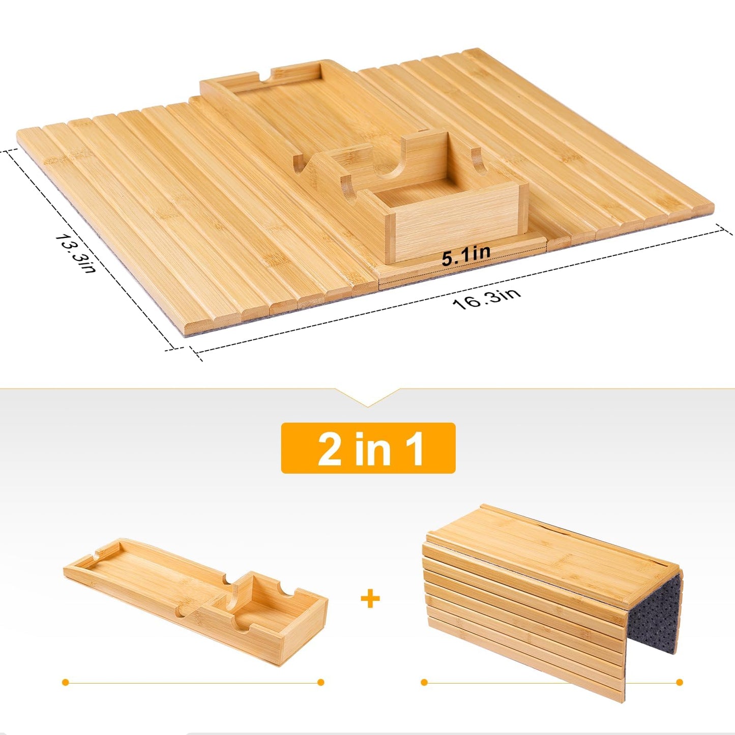 Bestjing Bamboo Sofa Armrest Tray - Couch Arm Tray with Detachable Couch Cup Holder - 2 in 1 Anti-Slip Foldable Sofa Armchair Caddy Table for Drinks Cellphone TV Remote Snacks