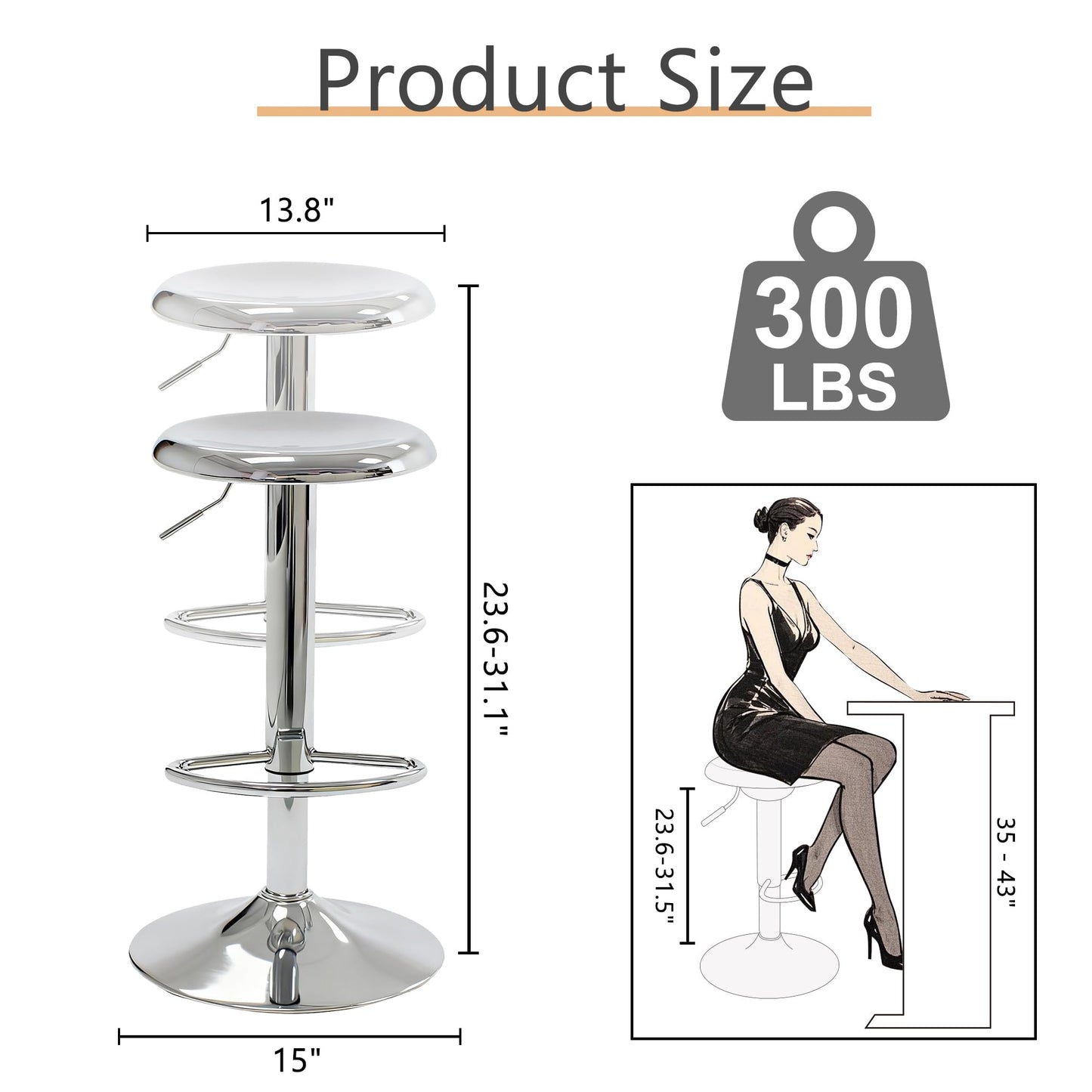 CAROLMADE Bar Stools Set of 2, Adjustable Metal Bar stools Swivel Counter Height Stool Backless Barstools for Kitchen Island Pub, Chrome