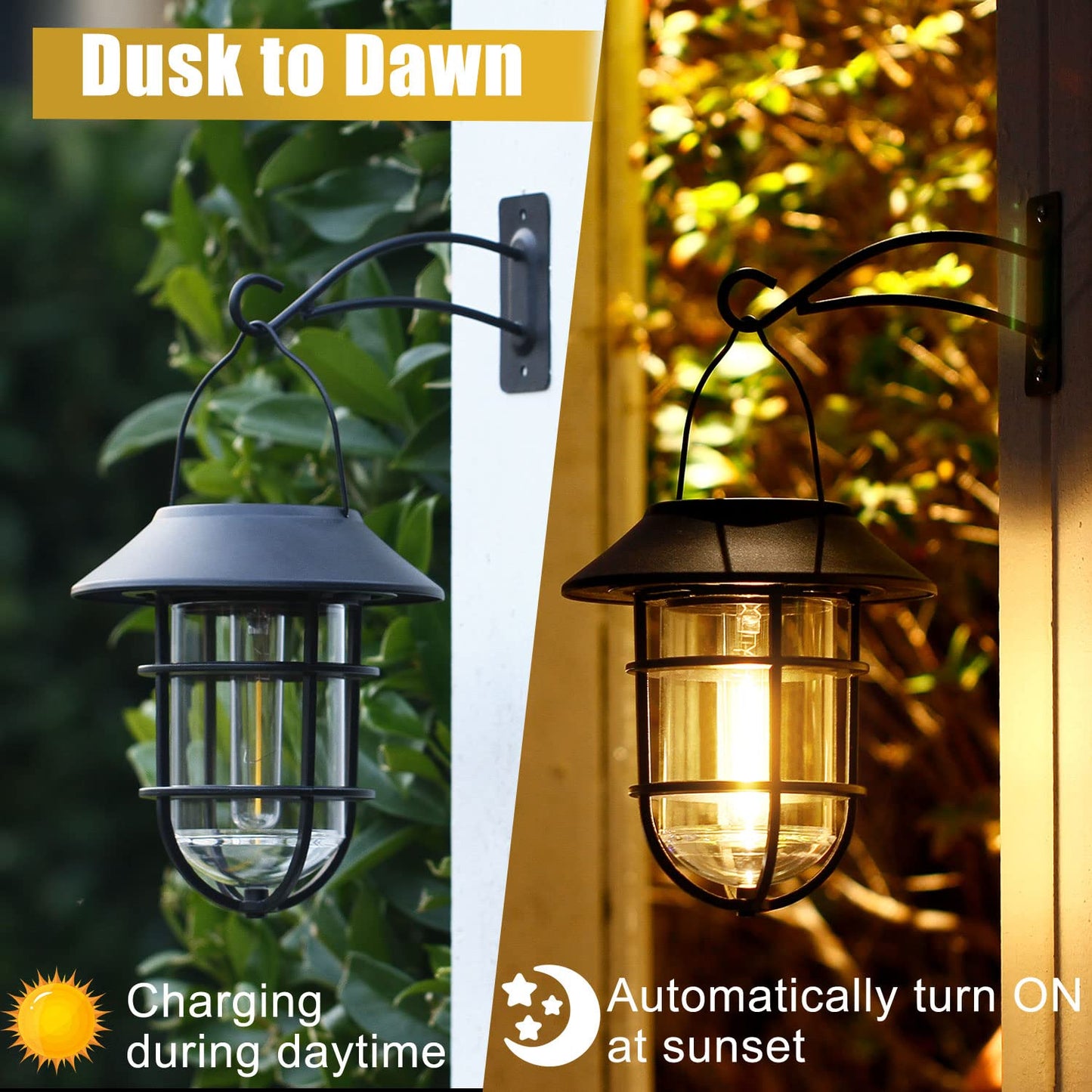 Solar Lantern Hanging Solar Lights Outdoor, Waterproof Metal Wall Lantern with Hooks, Outdoor Wall Lights for Porch, Patio Yard Garden Decor, No Wiring Required, 2 Pack
