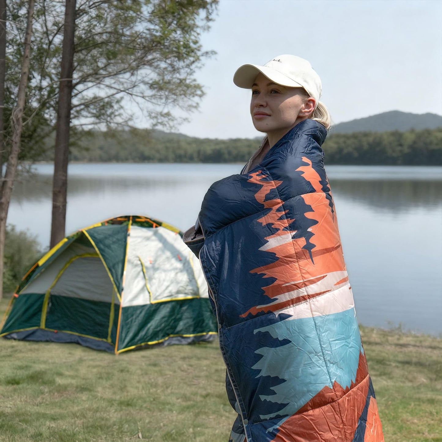SUNNYFEEL Warm Camping Blanket, Packable Printed Blanket for Cold Weather, Waterproof Outdoor Blanket with Snap Buttons, Wearable Shawl for Camping, Hiking, Stadium, Picnic (55"x79")