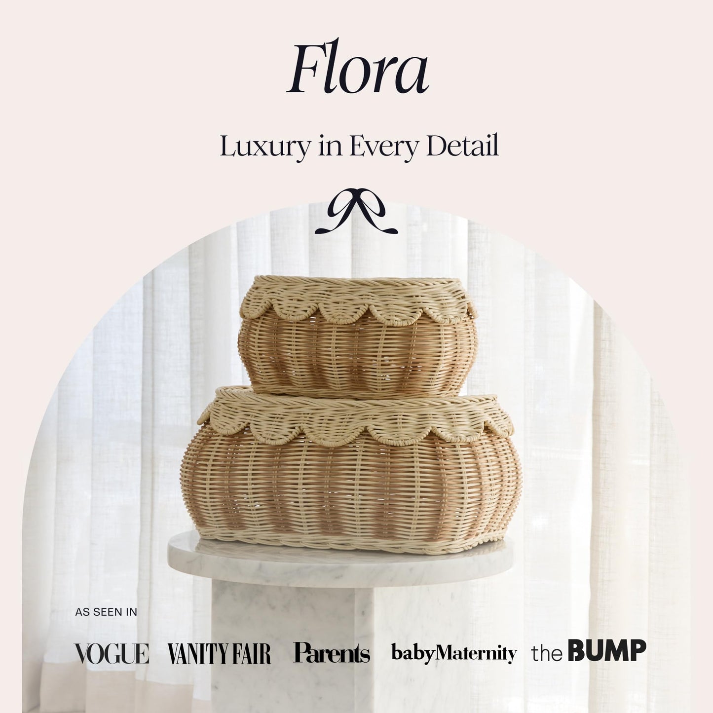 BEBE BASK The Original Scalloped Basket with Lid – Set of 2 (15 x 11 x 6 in) – Hand-Woven Rattan Scalloped Wicker Basket with Lid, Storage Baskets with Lids for Organizing (Stripey)
