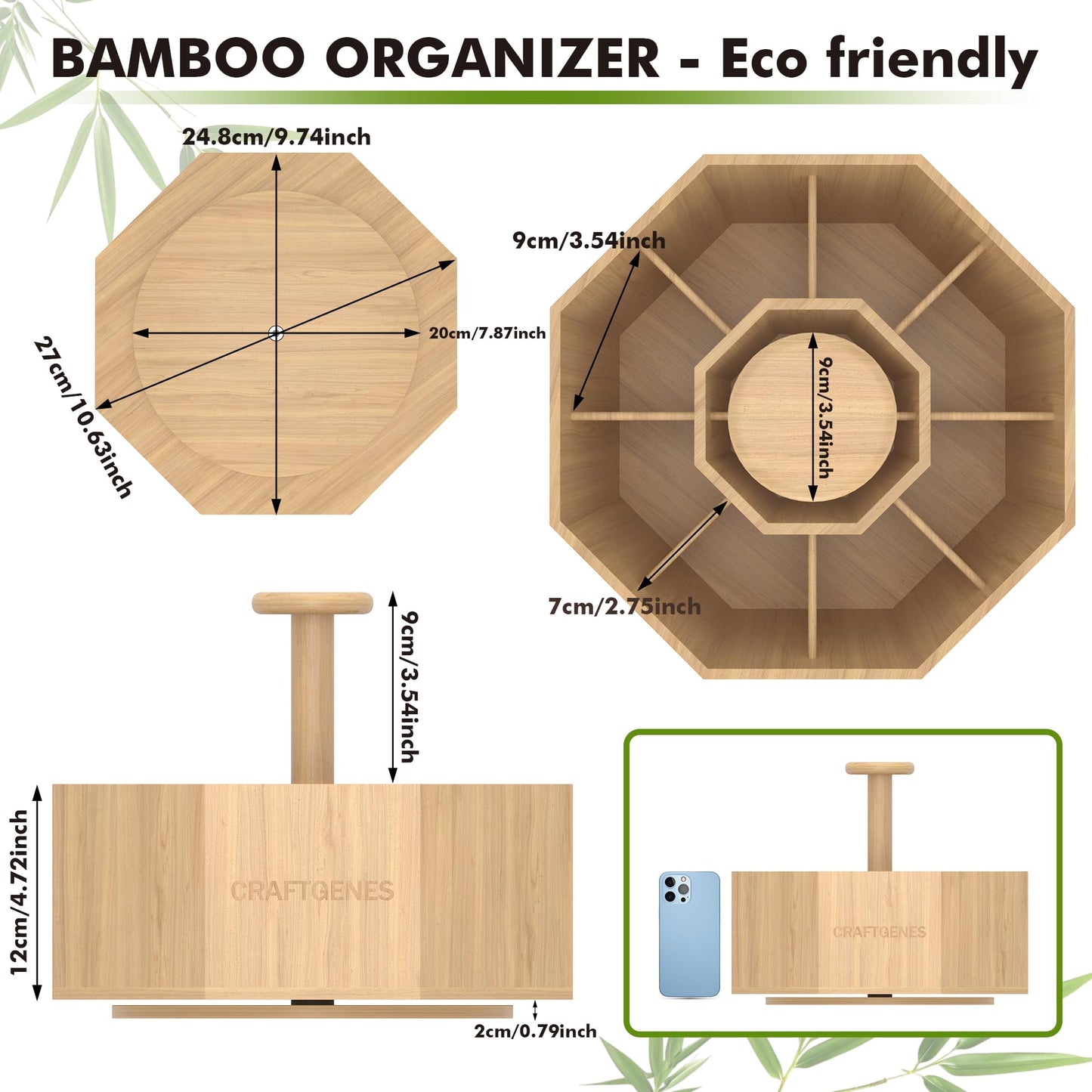 CraftGenes Bamboo Rotating Pen Organizer for Desk, 360° Spinning Desk Organizer with 10 Compartments, Wooden Pencil Holder, Desk Caddy for Office Supplies, Marker Organizer for Office Home School
