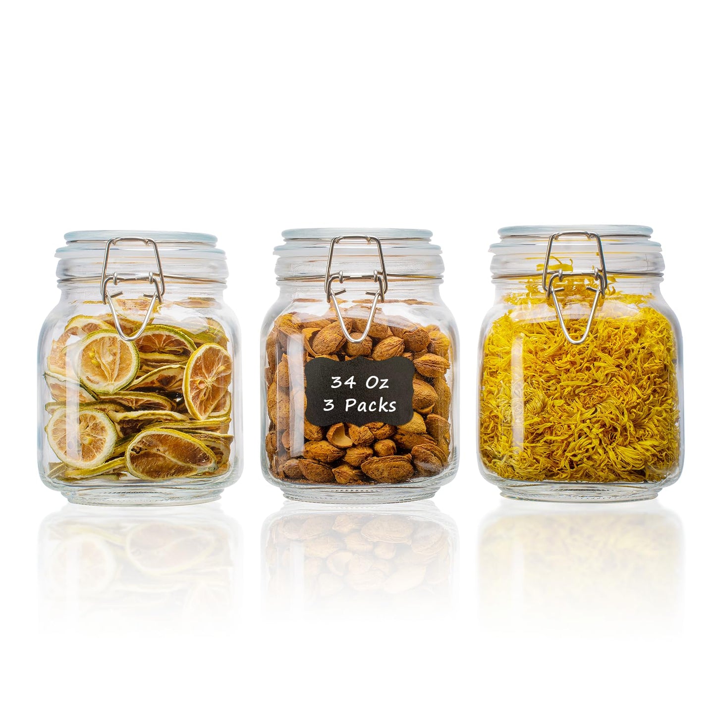 LOOIOOJ 34oz Square Glass Food Storage Jars with Airtight Clamp Lids, 3 Pack Large Kitchen Canisters for Flour, Cereal, Coffee, Pasta and Canning, Mason Jar (Clear 34oz Square - 3 sets)
