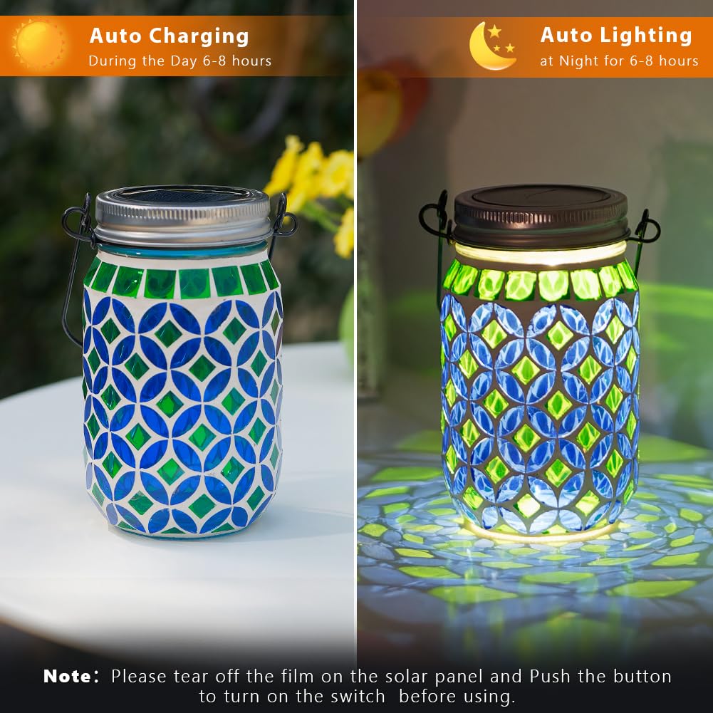 Stargarden Mosaic Solar Lantern , Outdoor Hanging Lantern Waterproof Table Lamp Mosaic Night Light for Tree, Garden, Patio, Yard, Outdoor(Blue Green)