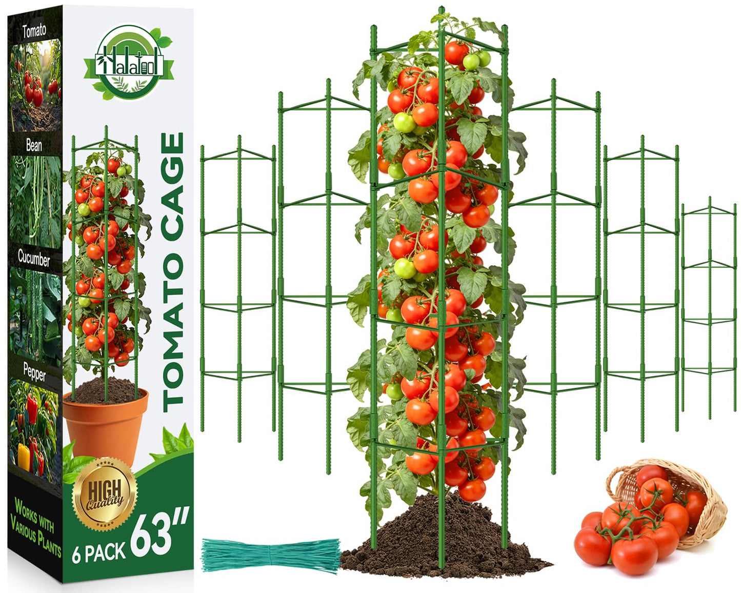 Halatool 63 Inch Tall Tomato Cages for Garden, 6 Pack Adjustable Tomato Cage, Garden Stakes Tomato Trellis for Pots, Tomato Plant Support for Raised Garden Bed &Vegetables Flowers