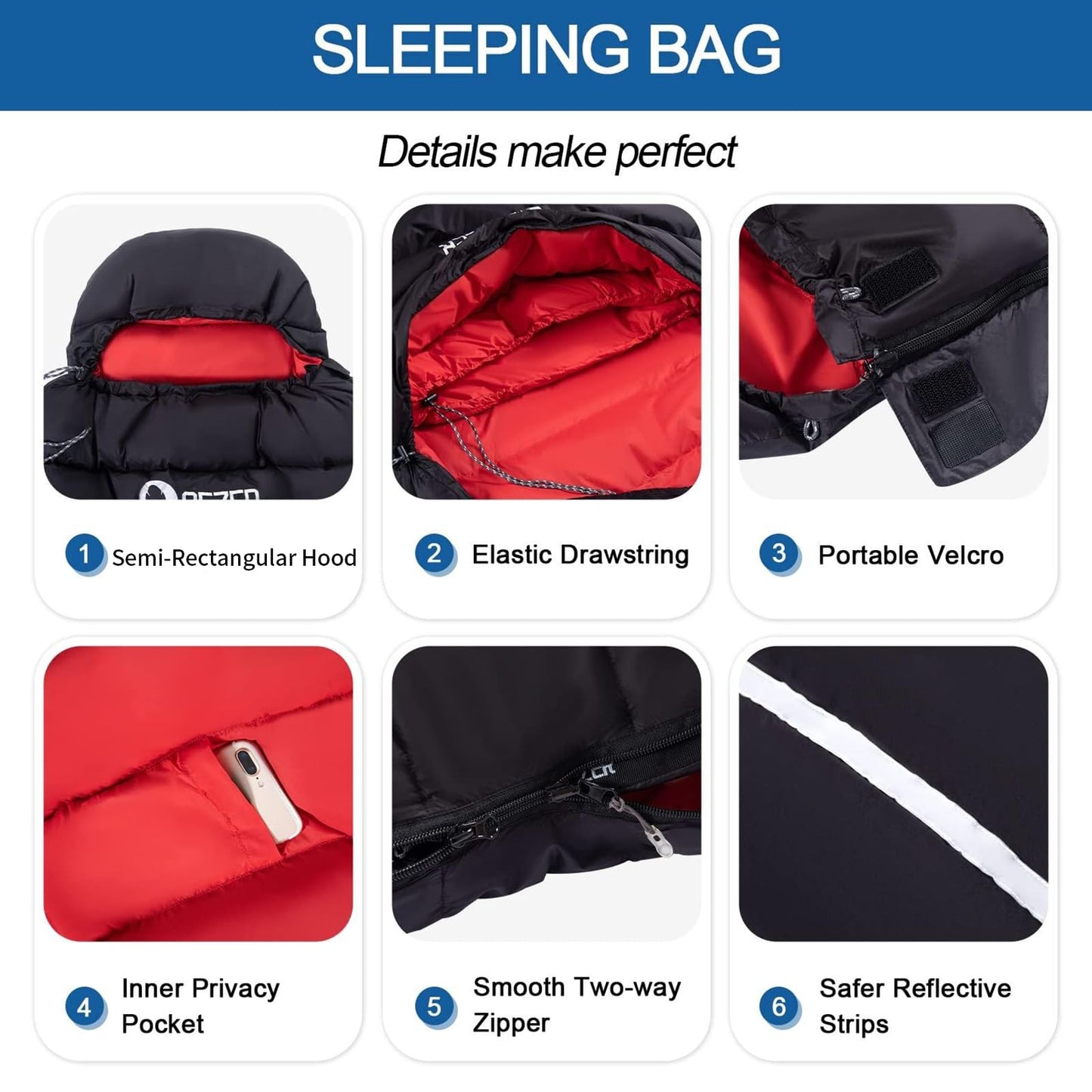 QEZER Down Sleeping Bag for Adults 600 Fill Power Down Sleeping Bag Cold Weather Ultralight Sleeping Bag with Compression Sack for Backpacking, Camping, Hiking (500g Down Filling-Black-Right Zip)