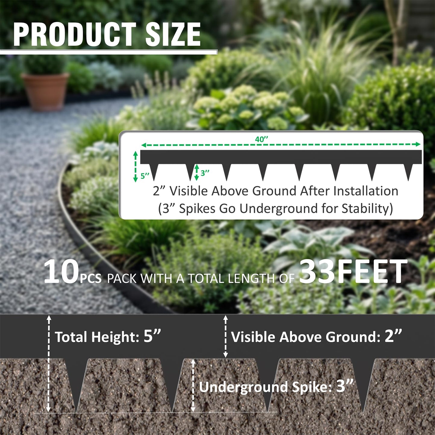 33ft. Galvanized Steel Landscape Edging (10-Pack) – 40" Metal Edging for Landscaping with 11 Stakes, Hammer-in Metal Landscaping Edging for Yard Pathway & Flower Beds – Lawn Edge for Garden Design