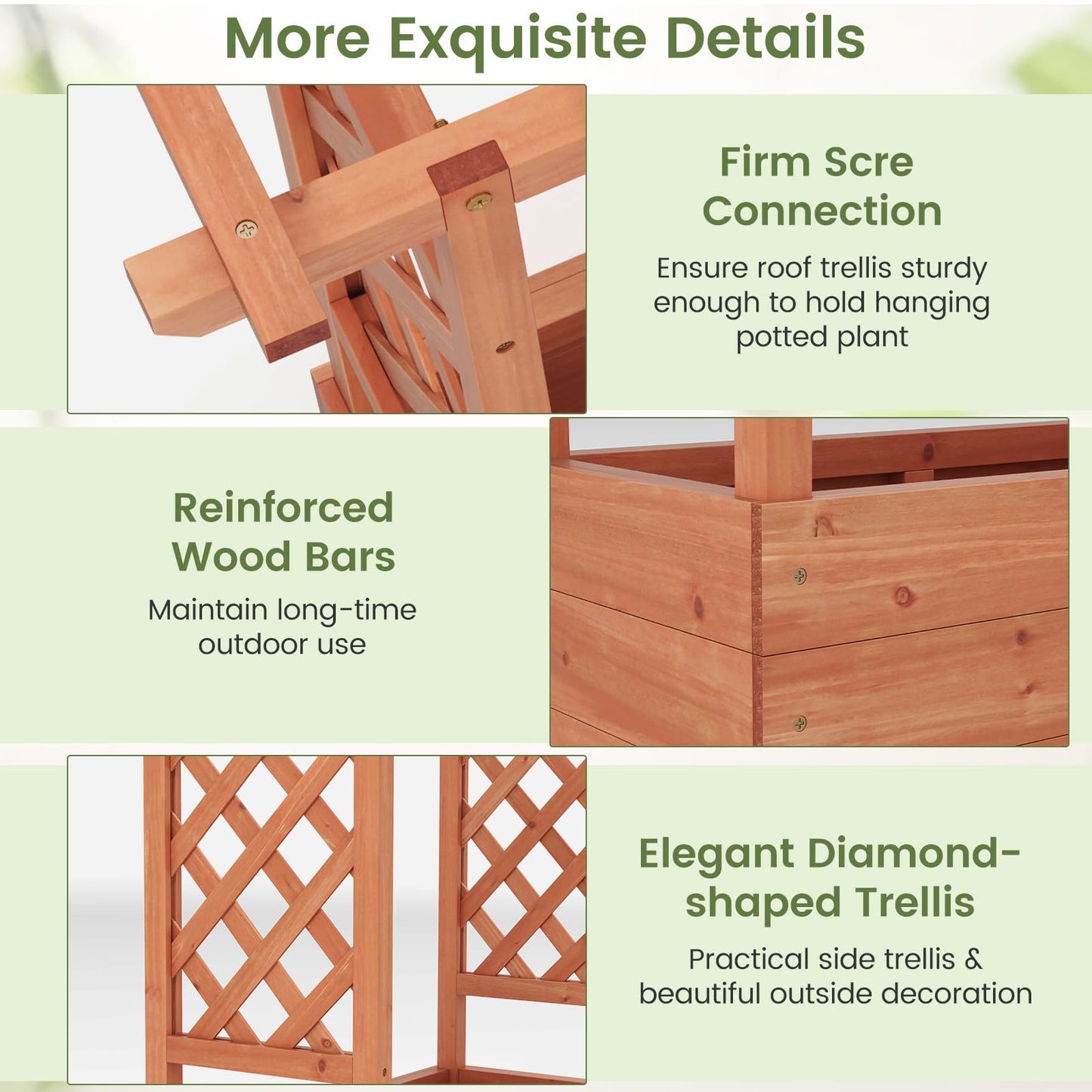 Giantex Raised Garden Bed with 2-Sided Trellis & Hanging Roof, Fir Wood Planter Box w/Drainage Holes, Freestanding Garden Planter for Flowers Herbs Climbing Vines (43"x15"x45")