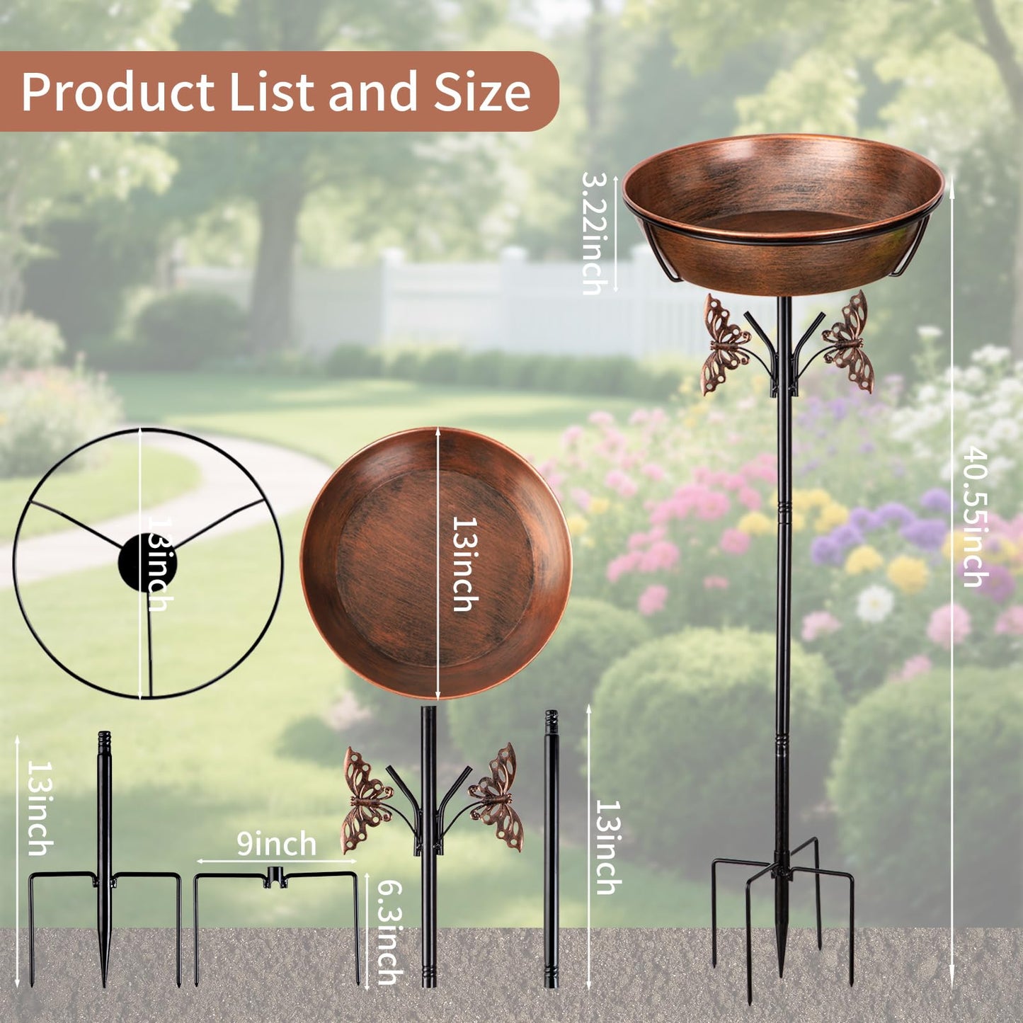 HoLarXuQ 40In Metal Bird Bath for Outdoors,Removable 3" Deep 13" Dia Bowl Heavy-Duty Base,Standing Birdbath Feeder Rust-Proof Birdbaths for Garden Yard Patio Lawn Decor