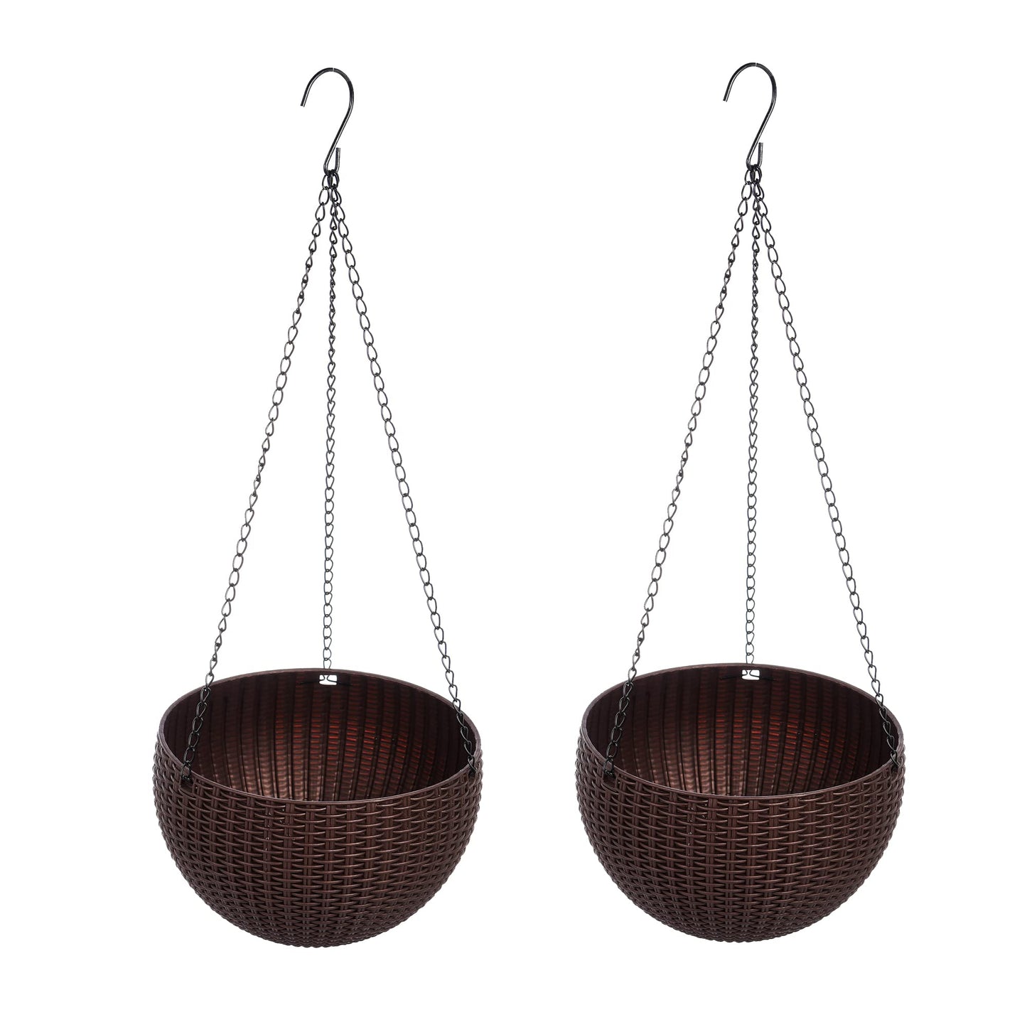 THUSIBER Hanging Basket Plastic Flower Pot Round Resin Garden Hanging Planter for Indoor Outdoor Plants 2 Pack Brown