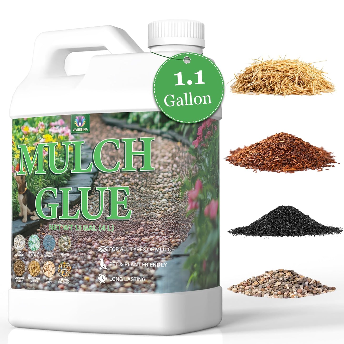 Mulch Glue for Landscaping 1.1Gallon, Rock Glue Pea Gravel Stones Binder, Long-Lasting Strong Safe Bond Lock Rubber Mulch for Cypress, Lawn, Patio, Garden