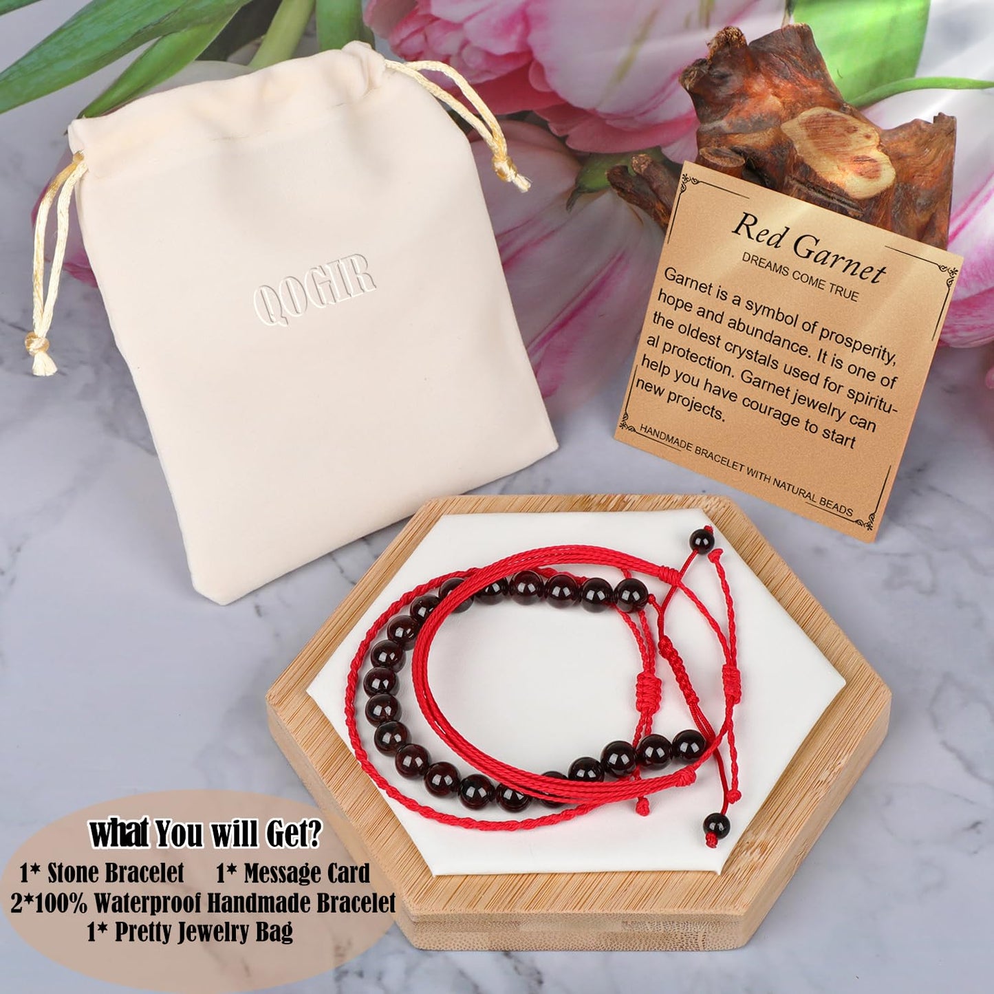QOGIR Handmade Healing Bracelets,8mm Natural Red Garnet Gem Stone Beads Bracelet for Men Women Gifts with 2PCS Size Adjustable Rope Bracelets