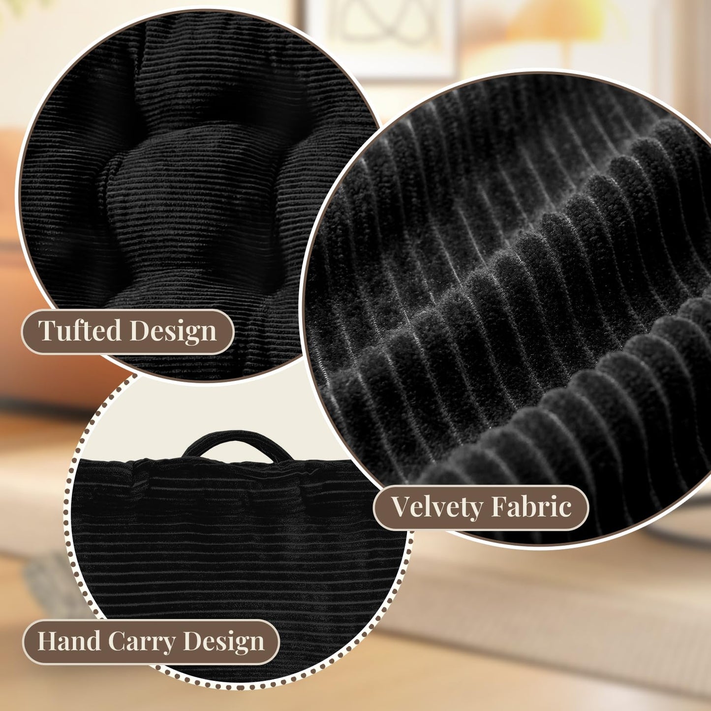Wellsin Square Floor Pillows for Adults Kids - Meditation Floor Pillow Seating Cushion - Tufted Floor Cushion with Shredded Foam & Velvet Cover, 2 Pack, 20x20 Inch, Black
