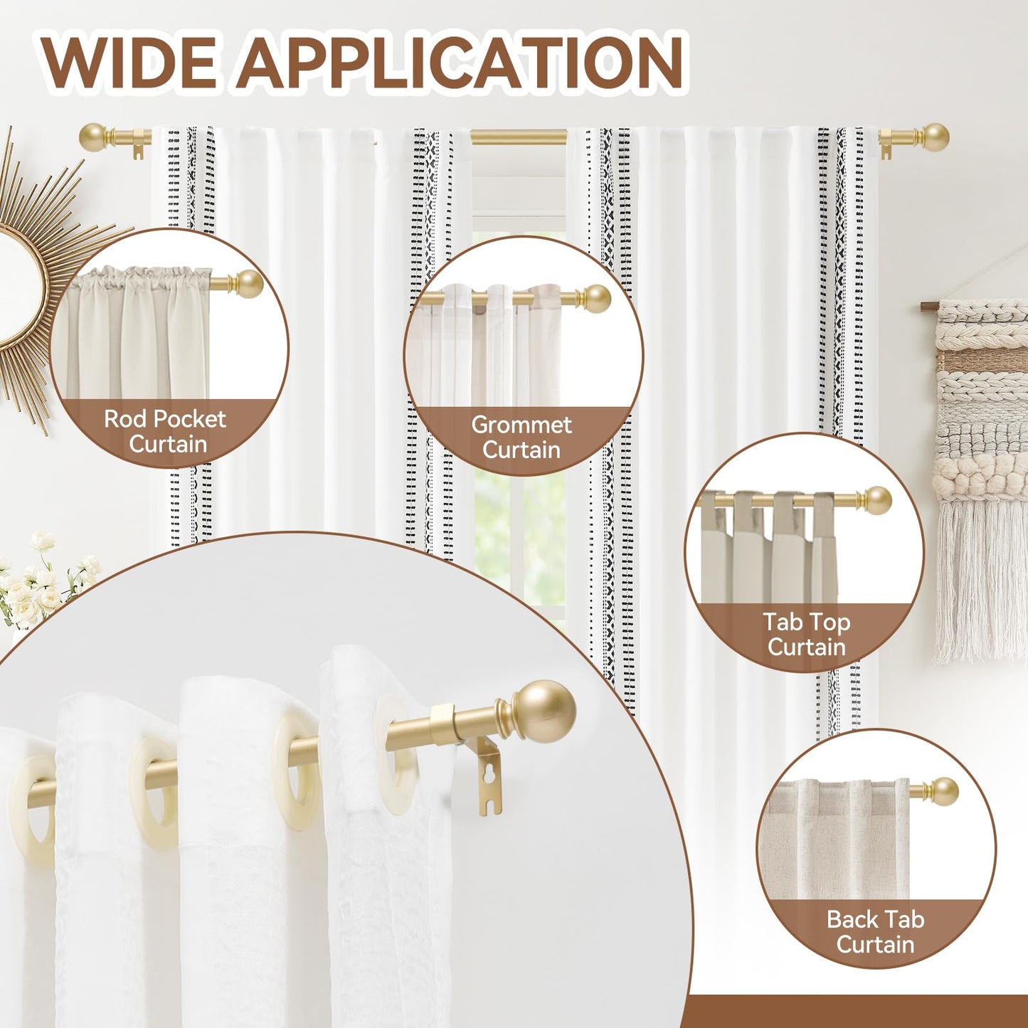 Gold Curtain Rod for Windows 28 to 48 Inch, 5/8 Inch Diameter Heavy Duty Splicing Adjustable Curtain Rods With Brackets, Easy to Install, Suitable for Bedroom, Patio and Outdoor
