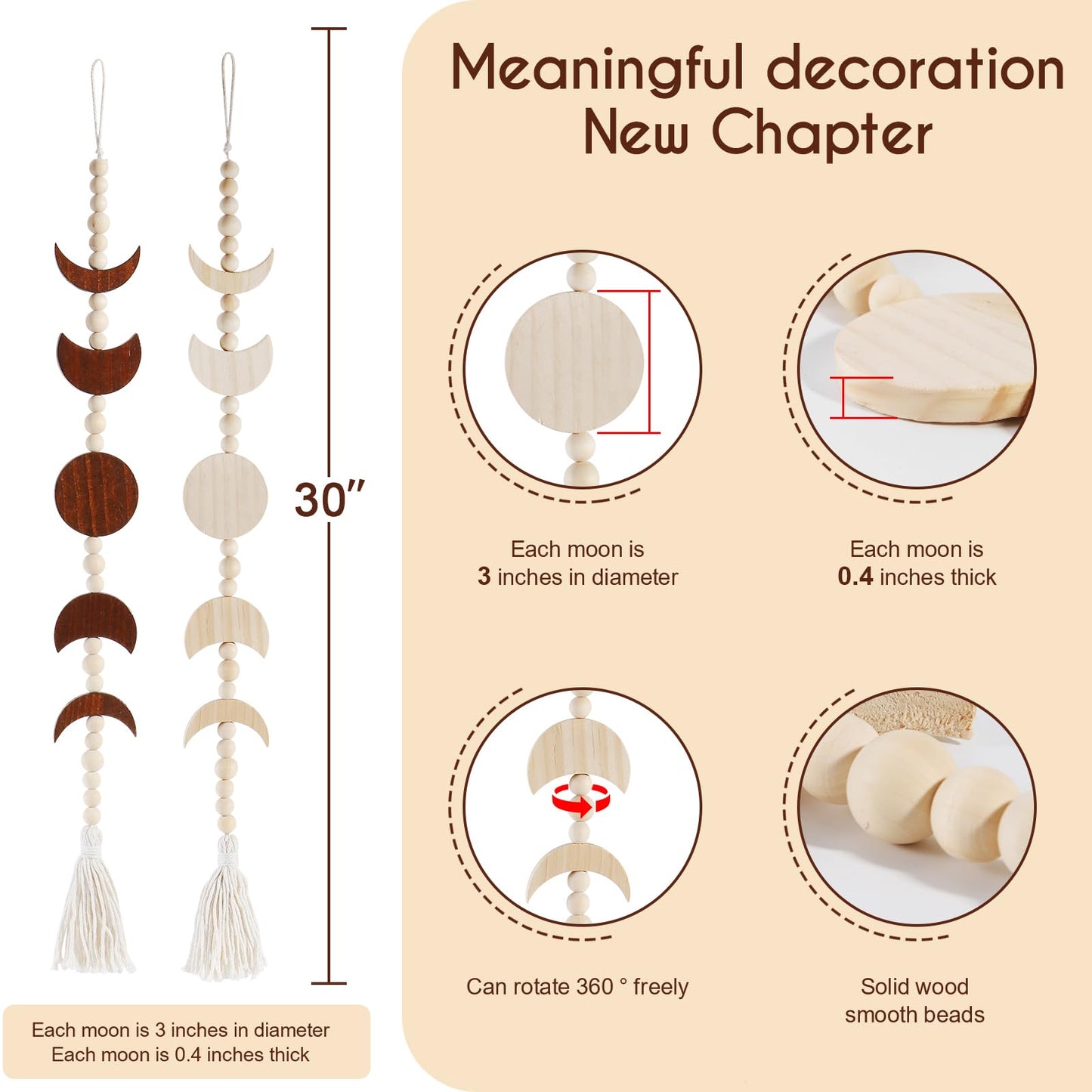 Wooden Moon Phase Wall Hanging, Celestial Bedroom Decor Aesthetic Boho for Home (Beige)