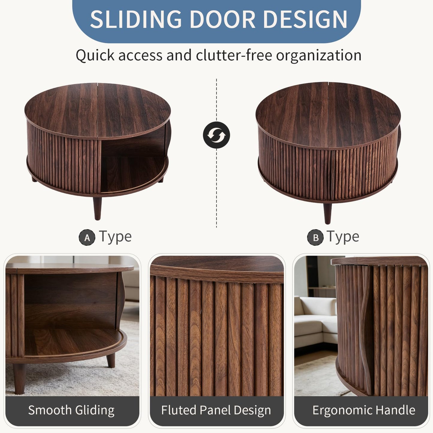 DUMOS Coffee Table, Round Coffee Tables with Storage, Fluted Center Table for Living Room, 31.69" Mid Century Modern Table with Sliding Cabinet Door, 2-Tier Rustic Wood Desktop, Brown