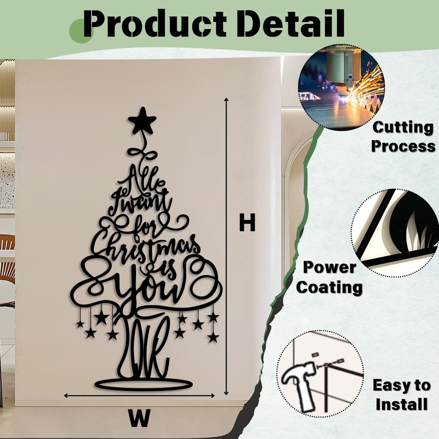 Merry Christmas Tree Metal Wall Decor, Christmas Tree Metal Wall Art for Ling Room, Bedroom, Office (Black,59" x 31" / 150 x 80 cm)
