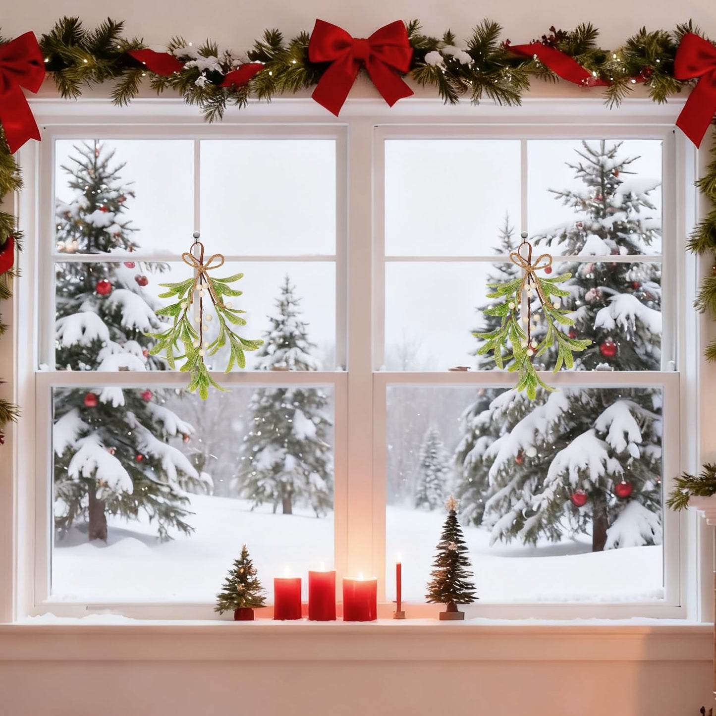 2 Pcs Frosted Mistletoe Hanging Decorations, 10.6'' Artificial Mistletoe Ornament Hanging Kissing Ball with Berry for Christmas Winter Holiday Decor (2, White)