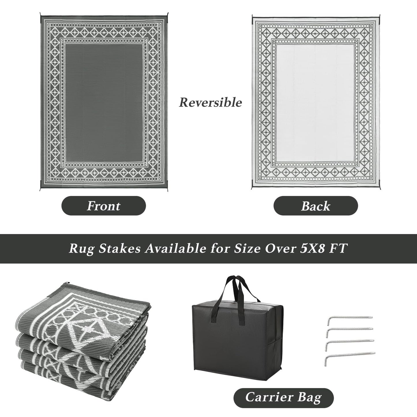 LBRO2M Waterproof Outdoor Rugs 8X10 for Patio Outdoor Plastitc Straw Rug Reversible Outdoor Border Rugs RV Rug for Deck, Pinic, Beach (8X10, Gray)