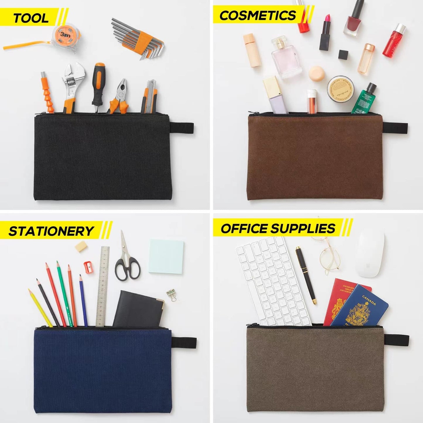 KOYYTO 8 Pack Canvas Tool Pouch with Zipper,Upgrade 16 oz Heavy Duty Small Tool Bag,Multipurpose Organizer Utility Tool Bag,for Tools,Office Supplies,Cosmetics,Stationary