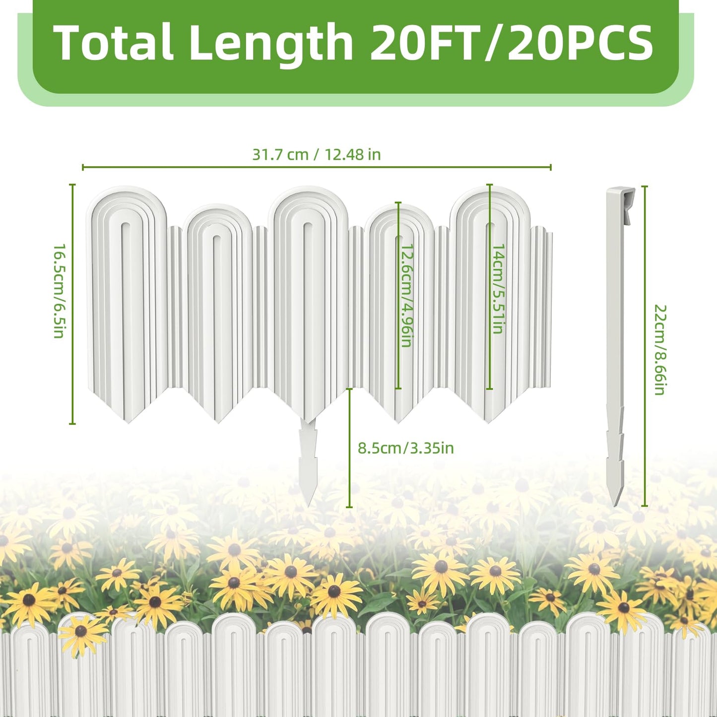Vashly 20ft Landscape Edging No-Dig, 5.9 Inch Tall Garden Border, Flexible with 20 Stakes, 20 Pack for Flower Beds Lawn Yard Pathway(20, White)