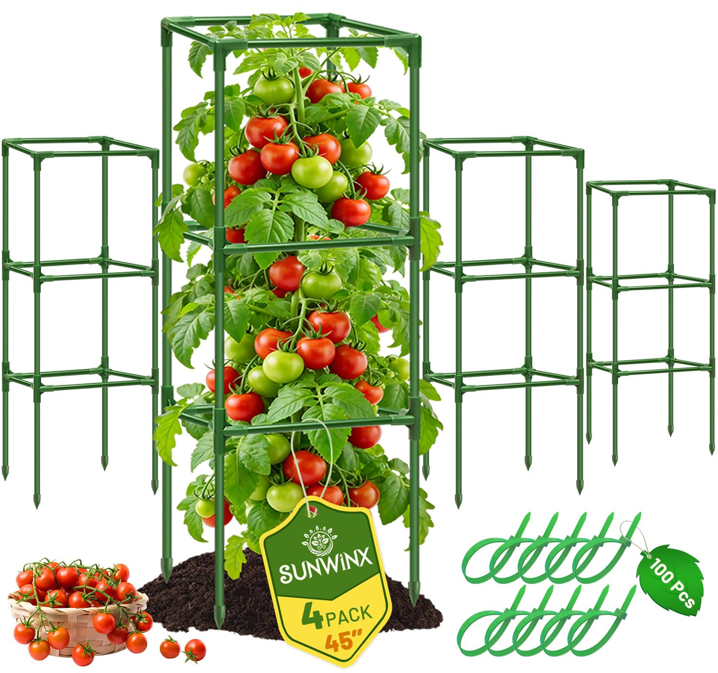 Sunwinx 4 Pack Square Tomato Cages for Garden, 45 Inch Adjustable Tomato Stakes, Metal Tomato Trellis, Garden Plant Support for Potted Climbing Plants, Vegetables Flowers Fruits, Raised Garden Bed