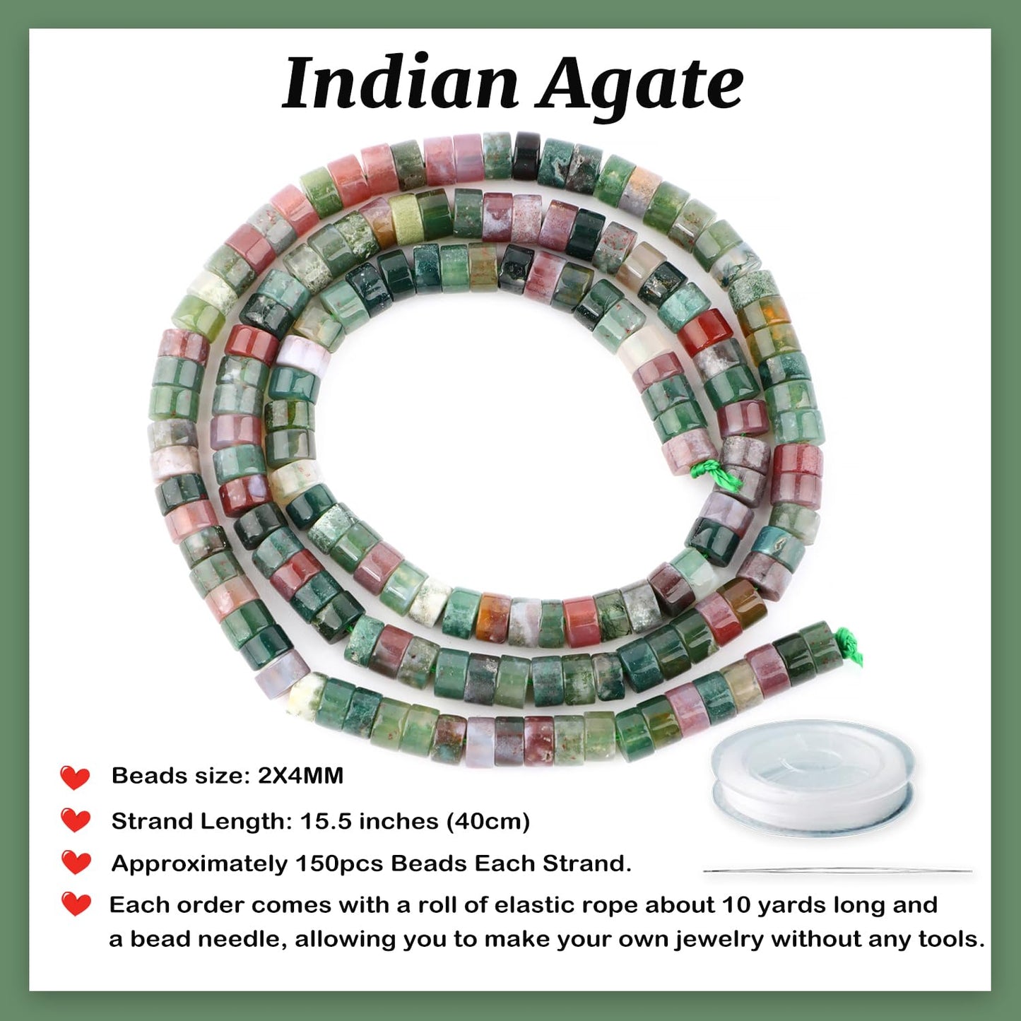 Natural Indian Agate Heishi Spacer Beads Loose Semi Precious Flat Round Gemstone Disc Shape Stone for Beading Jewelry Making 4x2mm 15.5"