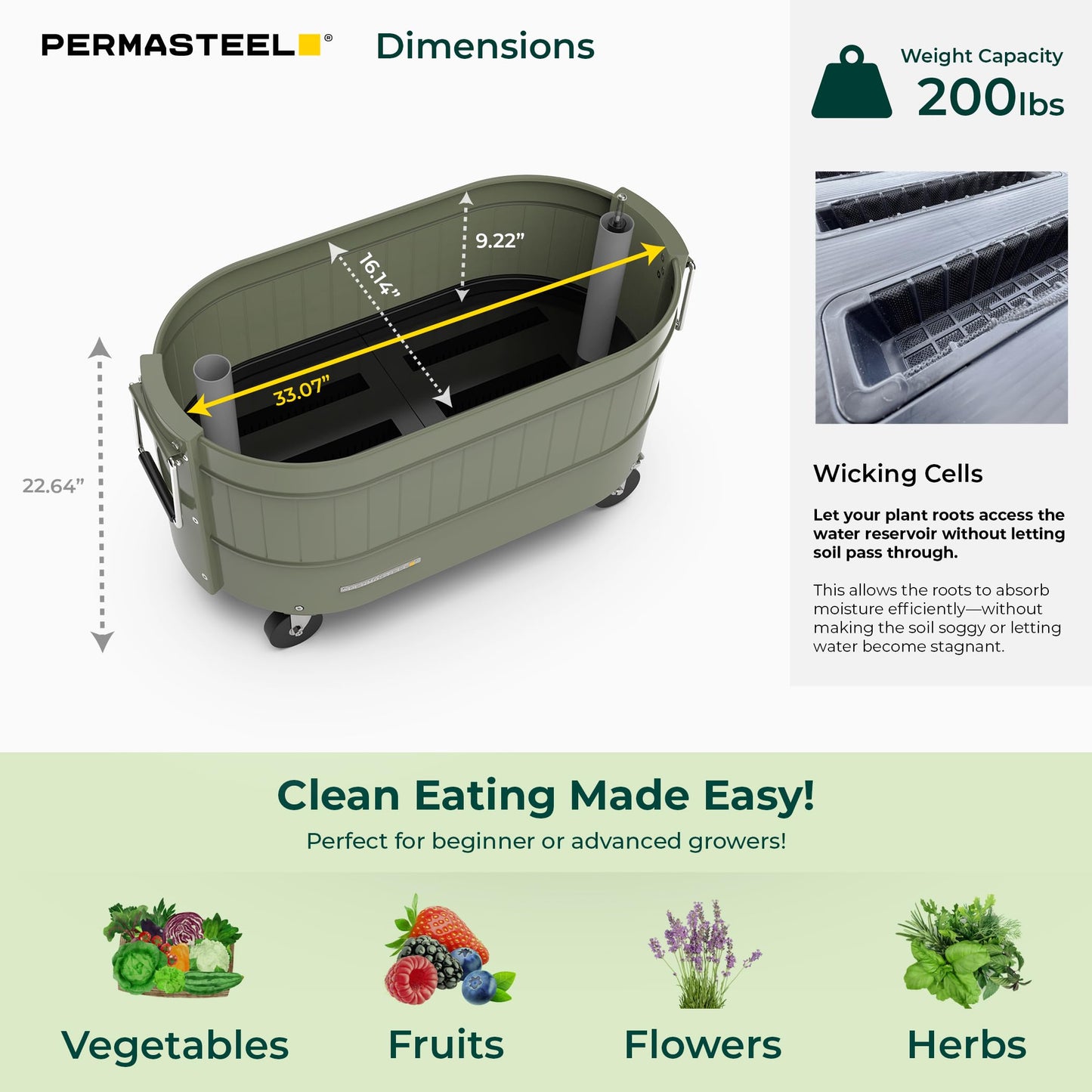 Permasteel Self-Watering Garden Bed, Rolling Planter for Vegetables, Flowers, Herbs, and Fruit, Outdoor Indoor, Caster Wheels, Army Green