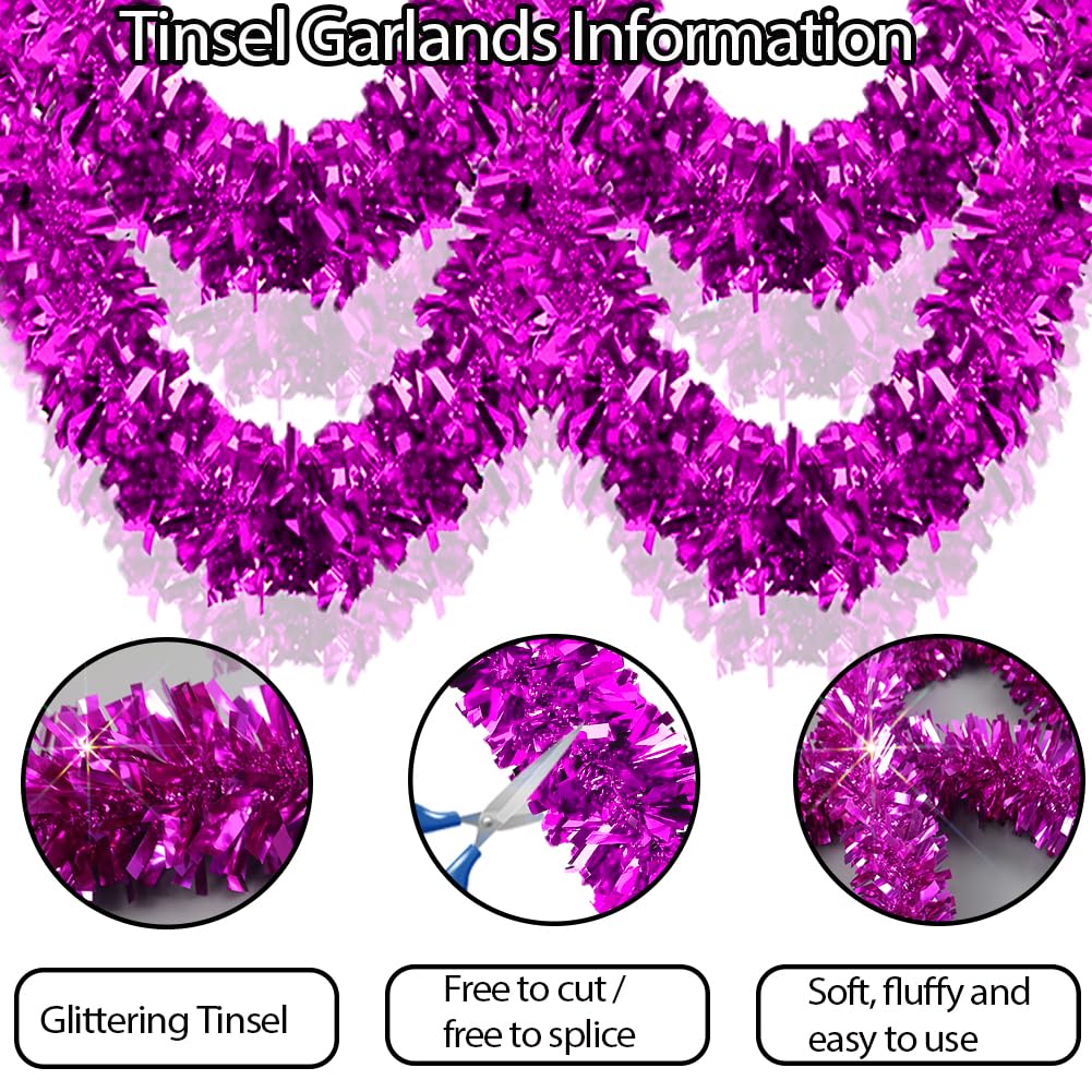 33Ft Christmas Tinsel Garland Shiny Thick Rosy Tinsel Decor Xmas Tree Decorations Metallic Twist Foil Garland for Birthday Thanksgiving Day New Year Parties Indoor Outdoor Party Supplies - Rosy